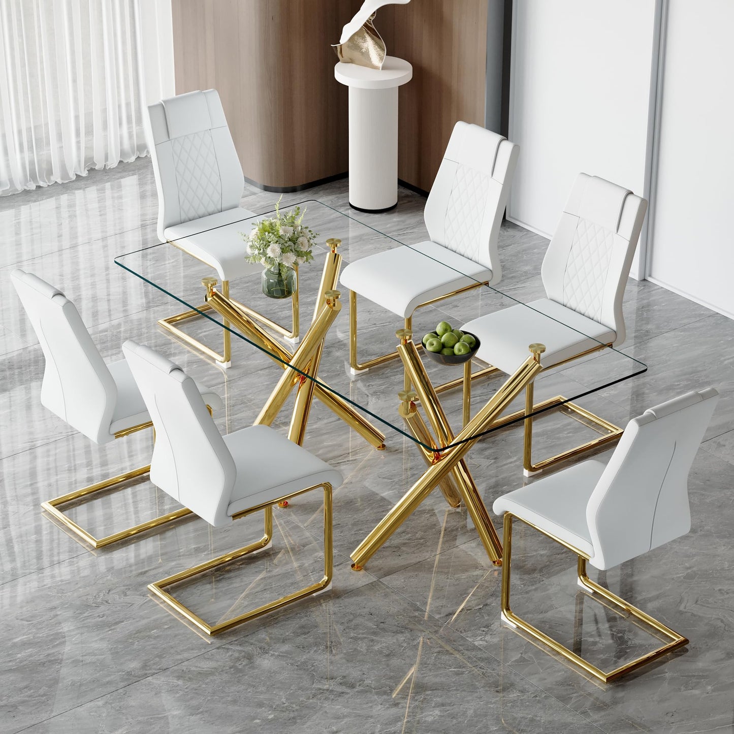 AZmac Modern Dining Table Set for 8 with Gold Metal Frame, 9-Piece Glass Dining Table with PU High Back Chairs for Kitchen Dining Room, Glass Table and 8 White Chairs