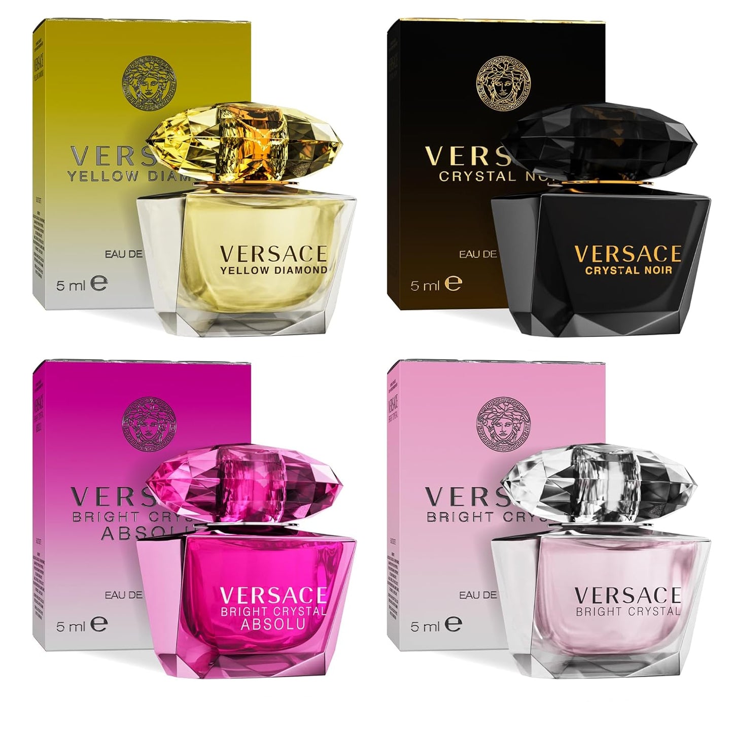Versace Perfume for Women Set of 4 Mini, Bright Crystal, Yellow Diamond, Crystal Noir, Bright Crystal Absolu, Perfume for Women Fragrance Sampler Set Designer Womens Samples (4 Count, 0.17 oz)