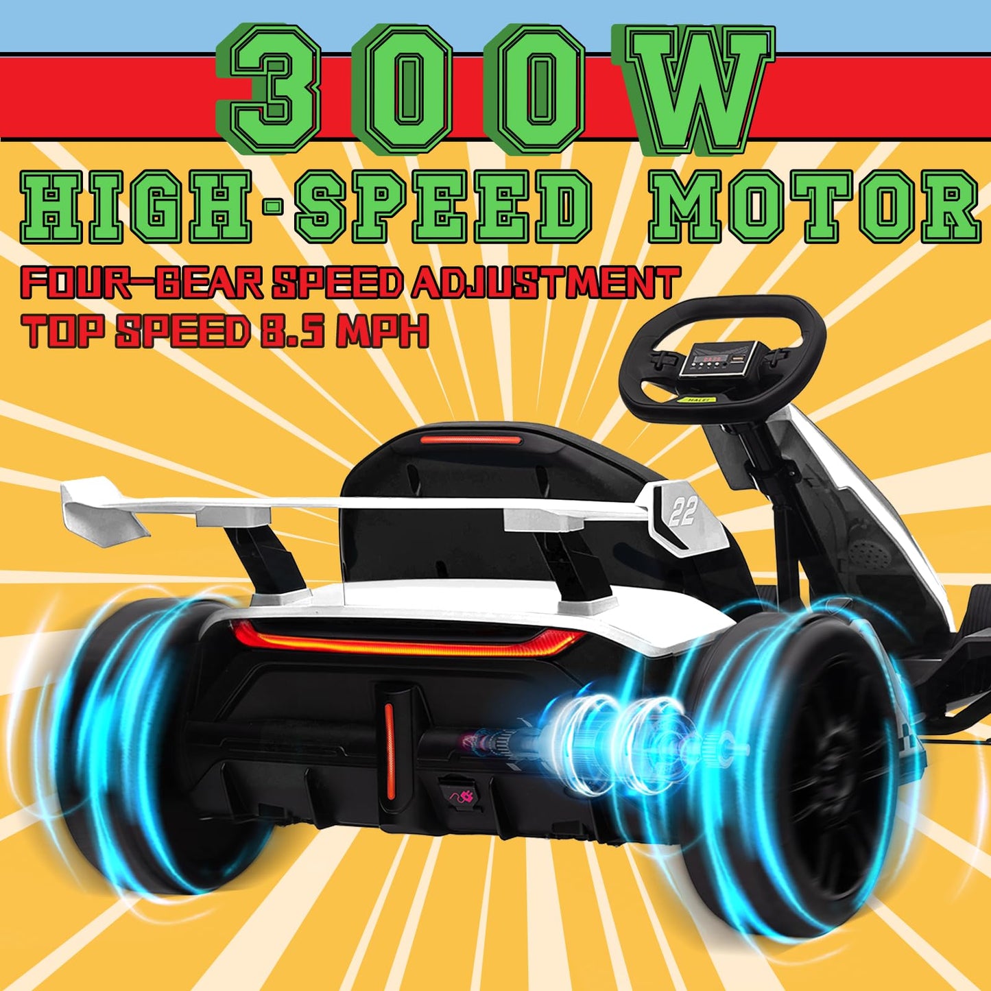 KerryYoo K61 Go Kart Electric Drift Kart with Length Adjustable Seat, 24V Outdoor Ride on Toy with 4 Speed Mode, Crazy Cart for Kids 6-12 Years Old, Fast 300W Motor, 8.5 MPH, Bluetooth - Blue