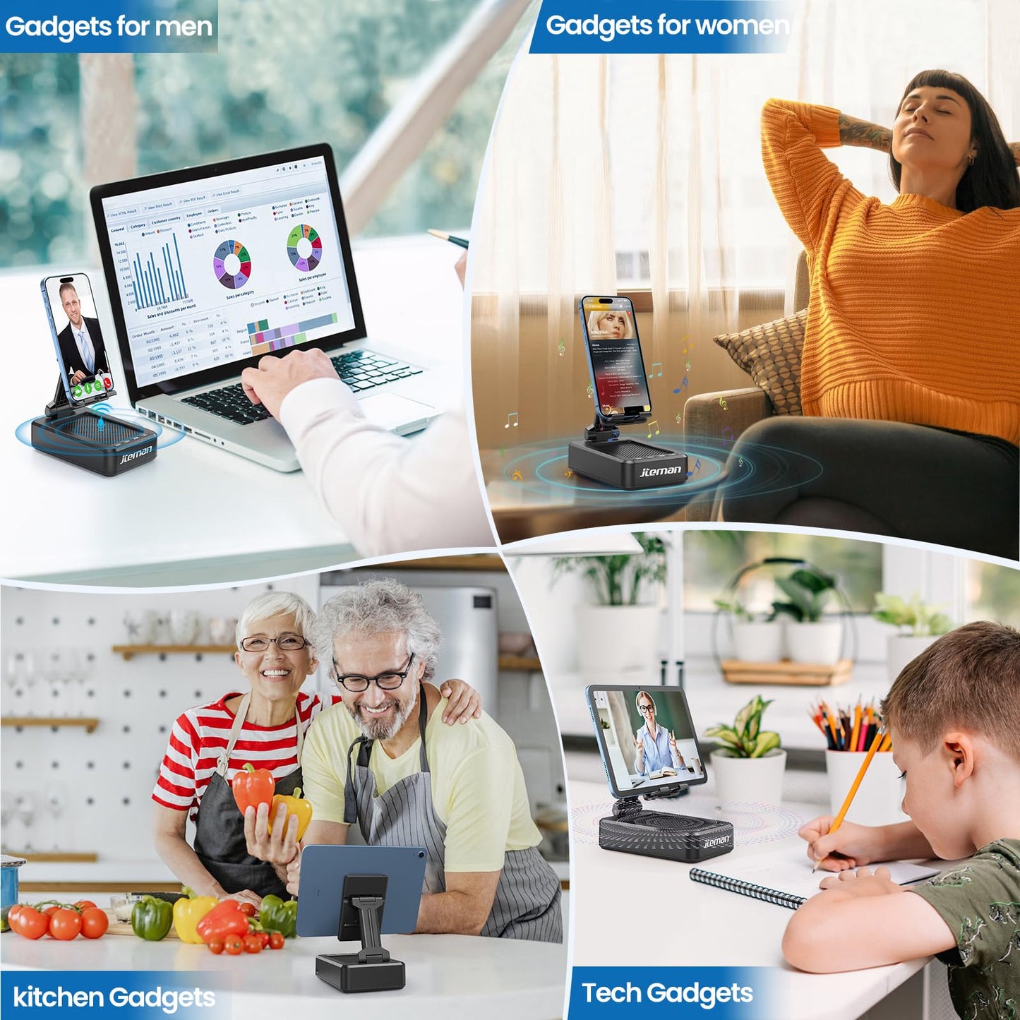 JTEMAN Tablet Stand Adjustable with Bluetooth Speakers,Kitchen Gadgets,Gifts for Women Men,Wireless Bluetooth Speaker Tablet Holder,Desk Mic Charging Sation Compatible with Phones and Tablet