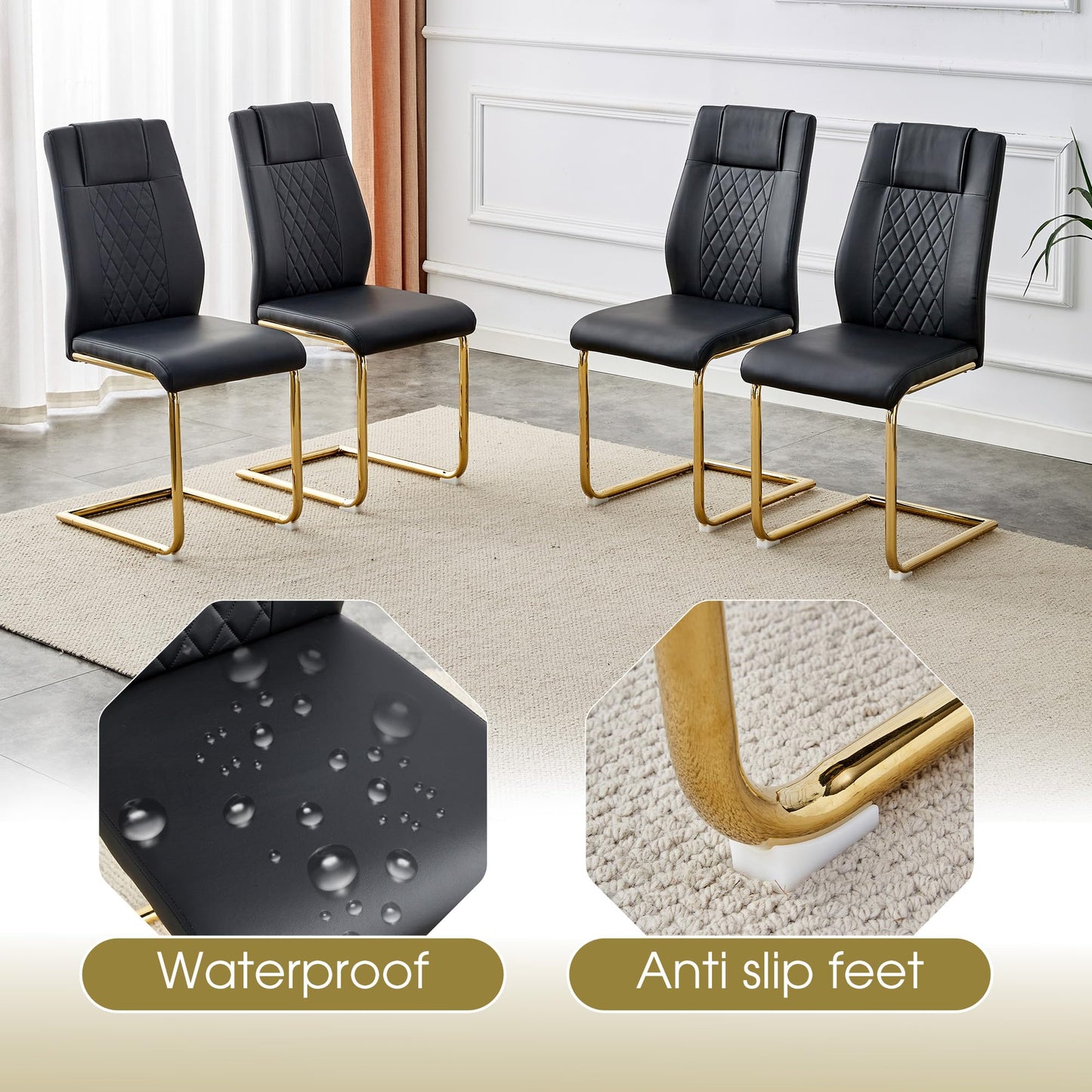 AZmac Modern Dining Table Set for 8 with Gold Metal Frame, 9-Piece Glass Dining Table with PU High Back Chairs for Kitchen Dining Room, Glass Table and 8 White Chairs