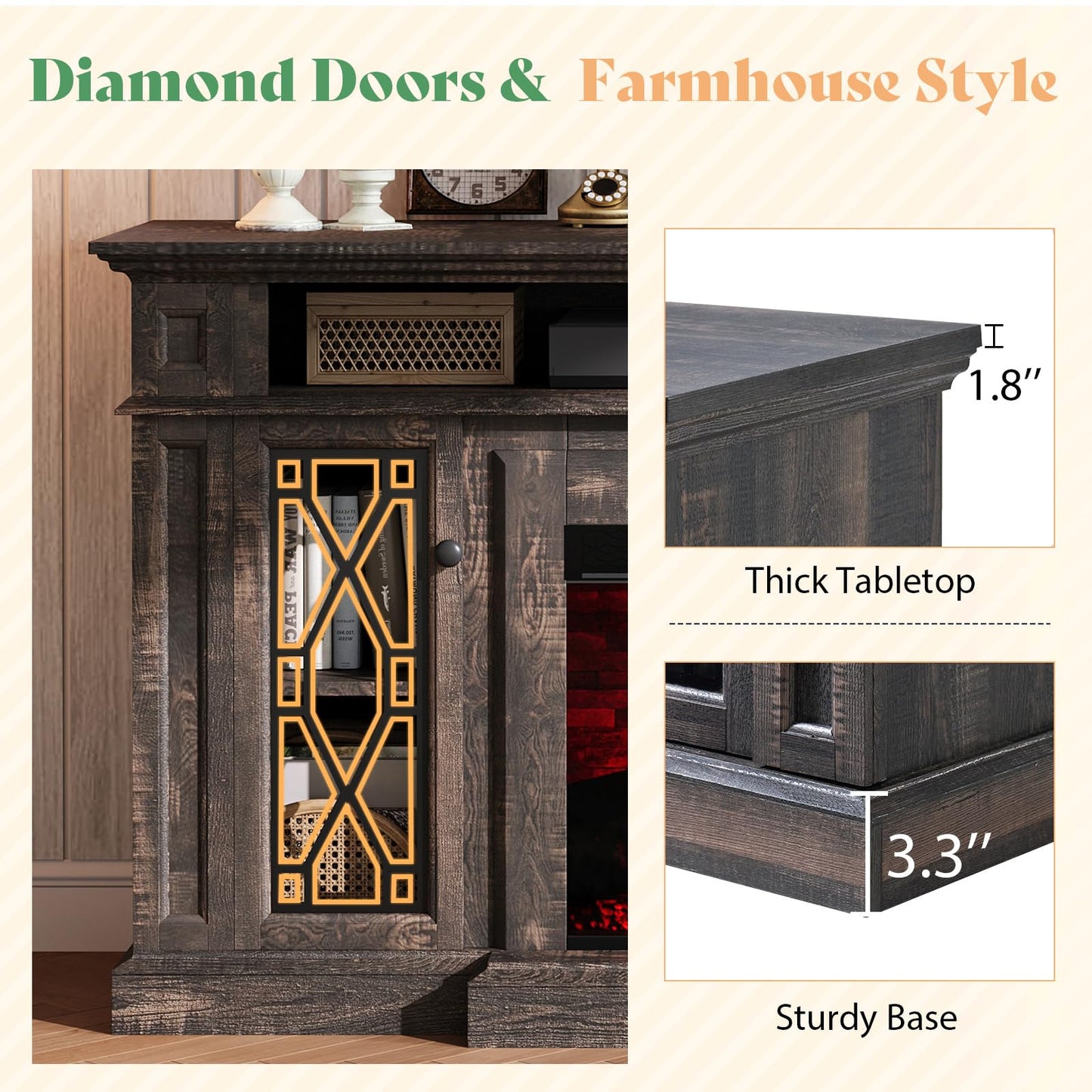 AMERLIFE 70" Farmhouse Heavy Fireplace TV Stand with 33" Electric Fireplace, for 80" TVs up, Media Entertainment Center with Diamond Door, TV Console Storage Cabinet for Living Room, White & Barnwood