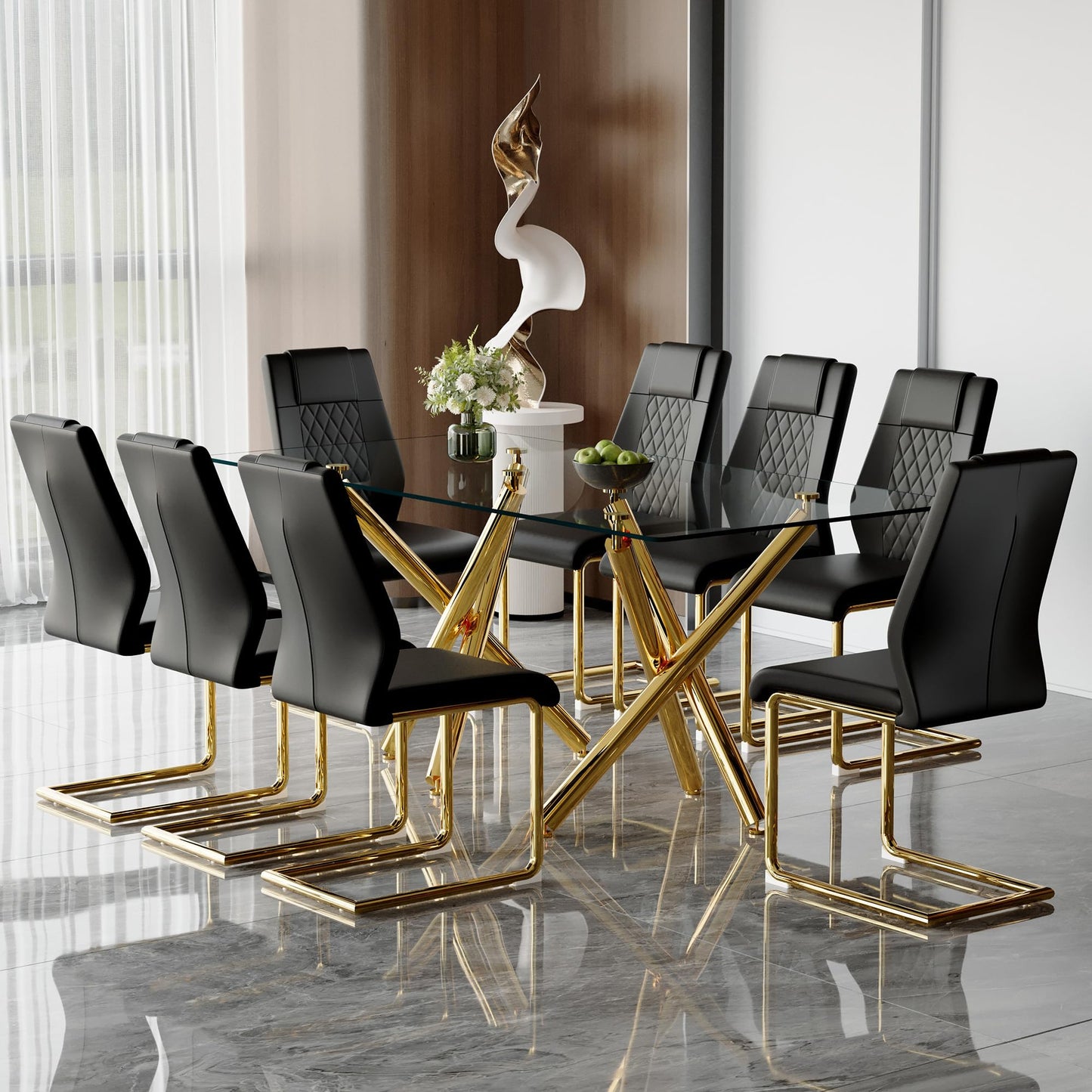 AZmac Modern Dining Table Set for 8 with Gold Metal Frame, 9-Piece Glass Dining Table with PU High Back Chairs for Kitchen Dining Room, Glass Table and 8 White Chairs