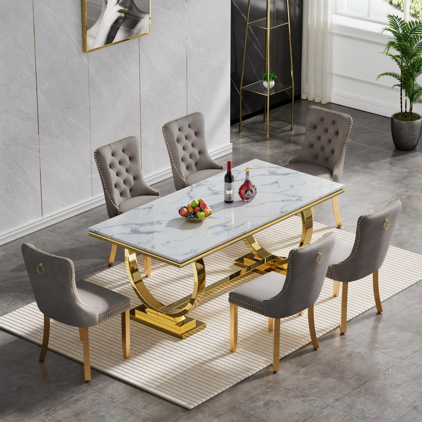 HomVent 70" Faux Marble Dining Table Set for 6, Rectangular Marble Top Kitchen Table Set, Kitchen & Dining Room Sets, Dining Table and Dining Chair