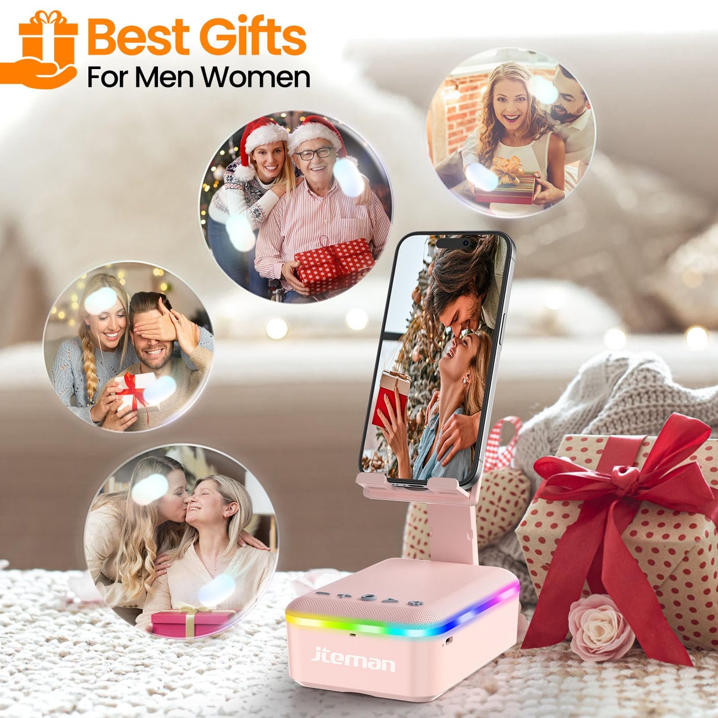 JTEMAN Gifts for Men Women,Cell Phone Stand with Bluetooth Speaker and LED Light,Cool Tech Gadgets,Unique Birthday Gifts for Men Husband Mom Dad-Pink