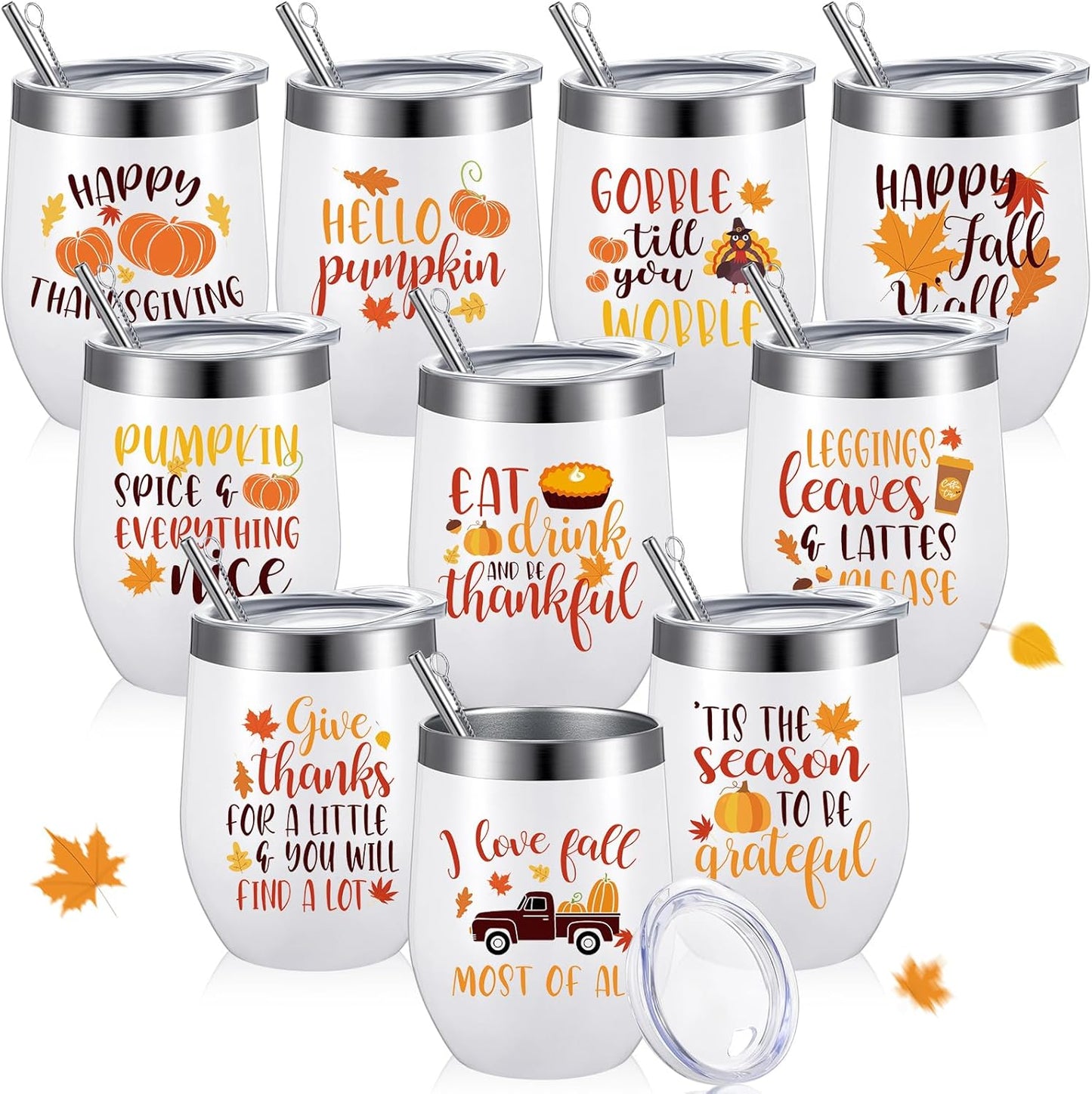 10 Pcs Thanksgiving Fall Tumbler with Lid and Straw Happy Fall Gift 12 oz Pumpkin Coffee Mug Wine Tumbler Maple Leaves Autumn Travel Mug Stainless Steel Insulated for Thanksgiving Party Favor