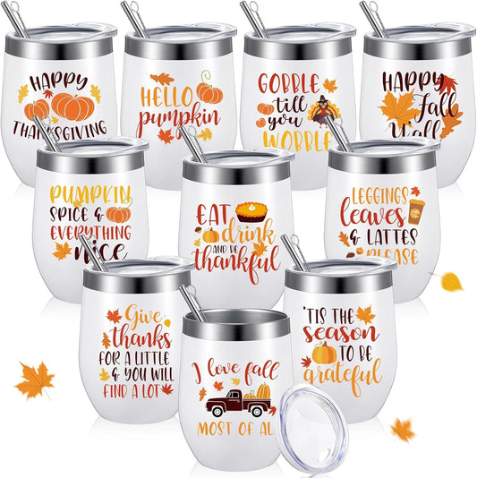 10 Pcs Thanksgiving Fall Tumbler with Lid and Straw Happy Fall Gift 12 oz Pumpkin Coffee Mug Wine Tumbler Maple Leaves Autumn Travel Mug Stainless Steel Insulated for Thanksgiving Party Favor