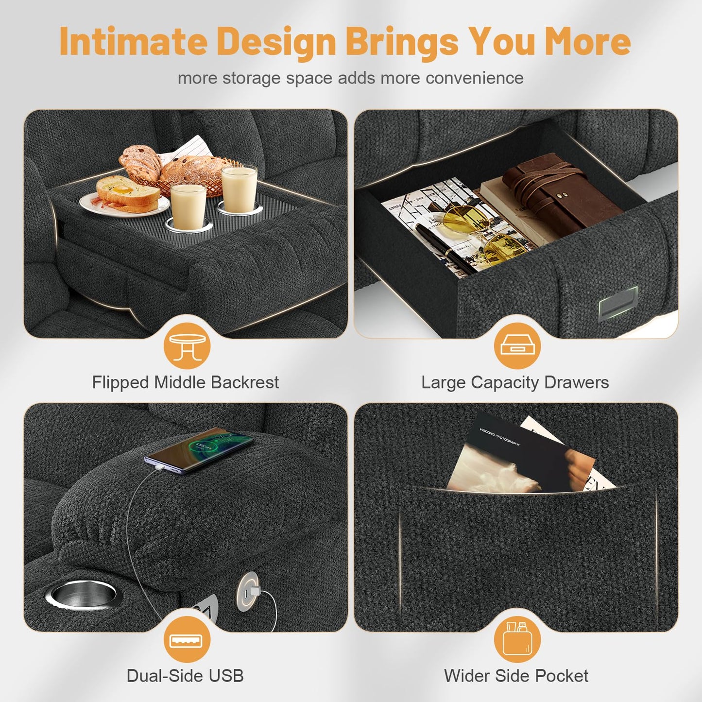 Loveseat Recliner Sofa, Flip Middle Backrest Design 3 Seat Reclining Sofa with Storage Drawer, USB Ports & Cup Holders, Manual Couch for Living Room/RV (Gray)