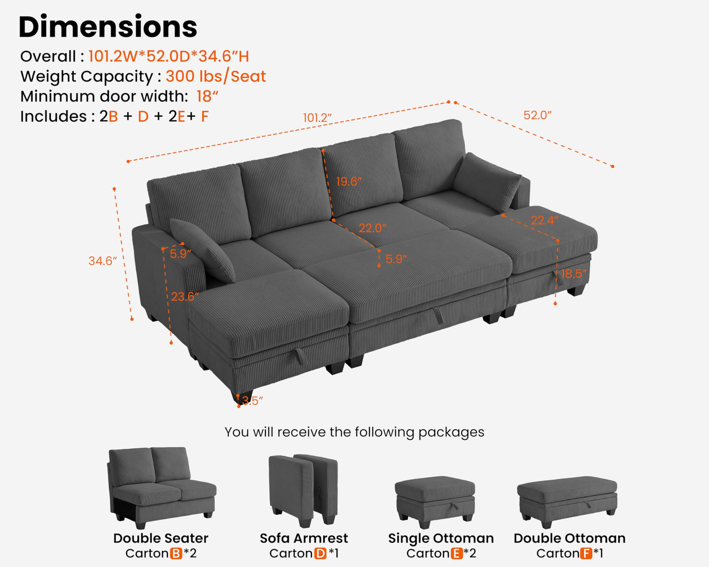 CHIC HOUSE Corduroy Modular Sectional Couch with Ottoman Chaise, L Shaped 4-seat Sofa for Living Room, Apartment, Lounge, Modern Armrest Neck Support Furniture