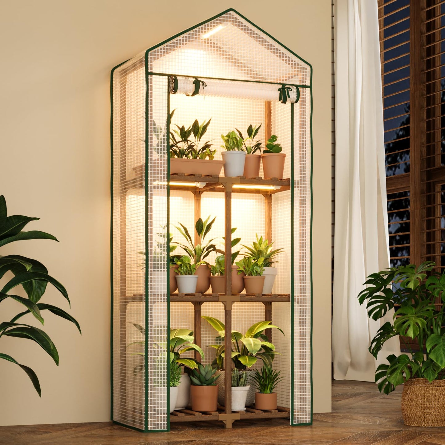 Bamworld 23 x 17 x 54-Inch Mini Greenhouses with Wheels Portable Green House with PE Cover Sturdy Eucalyptus Wood Frame Small Greenhouse for Winter Plant Frost Protection with Sturdy Eucalyptus Frame