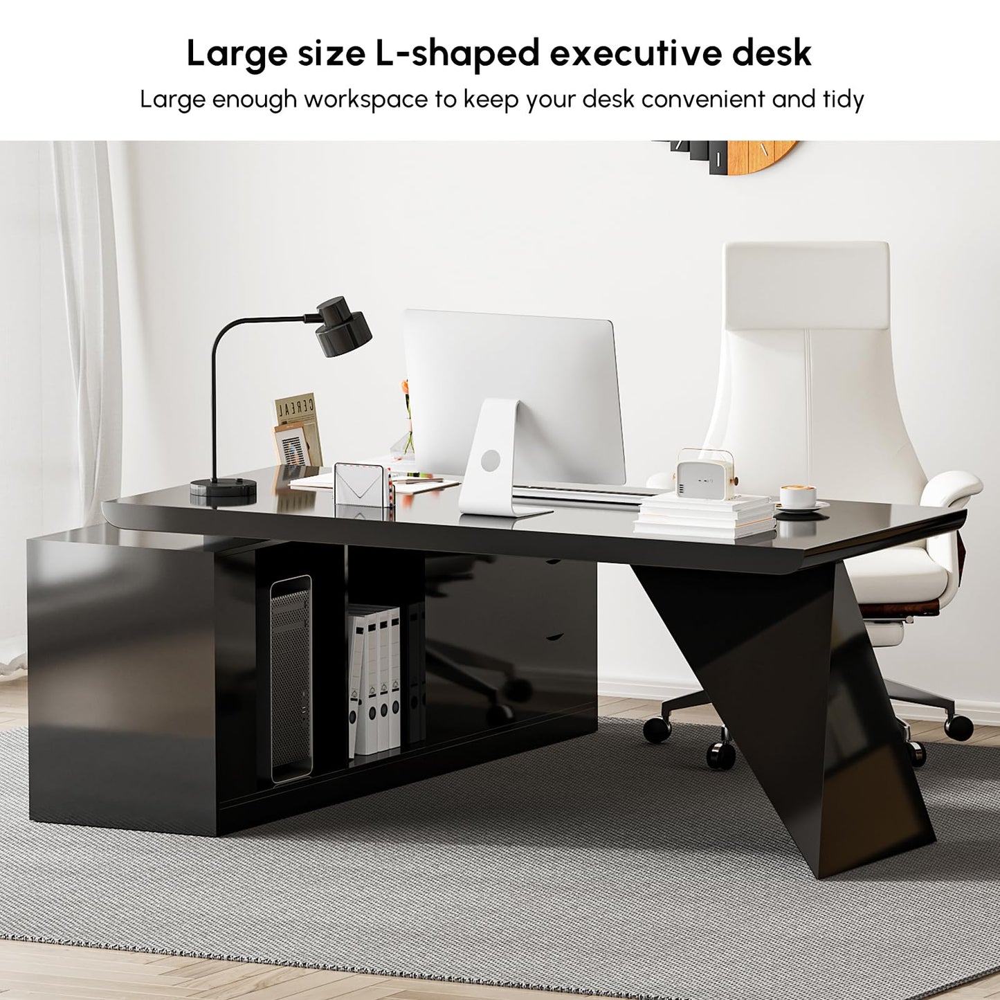 homary 70.9" Modern L-Shape Executive Desk, Home Office Desk with Drawers & Cabinet Modern Computer Desk for Home Business Furniture, Black, Right Hand