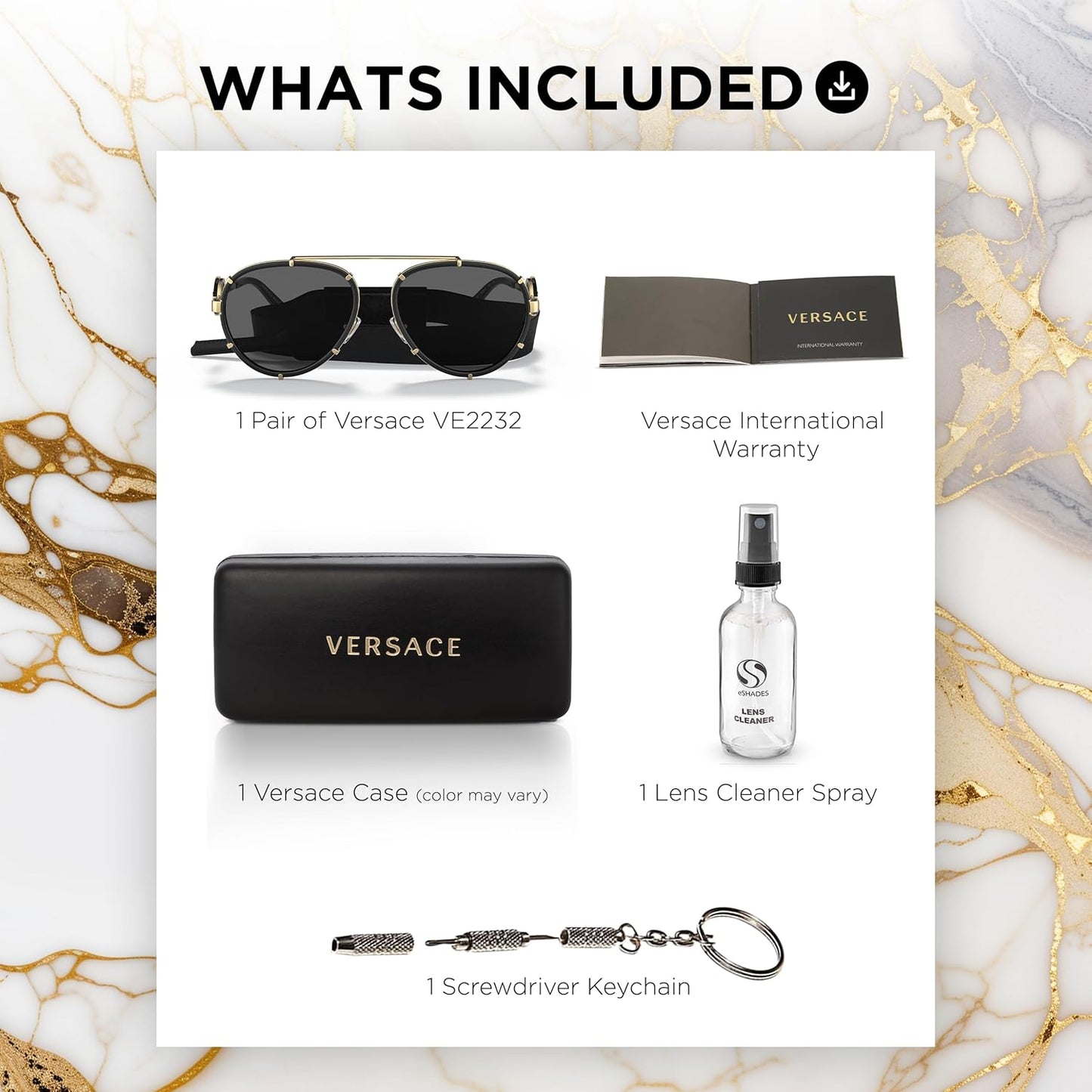 Versace VE2232 61mm Non-Polarized Aviator Sunglasses for Women – Black Metal Frame with Gold Temples, 100% UV Protection, Lightweight & Comfortable Sunglasses, eShades Eyewear Kit Included