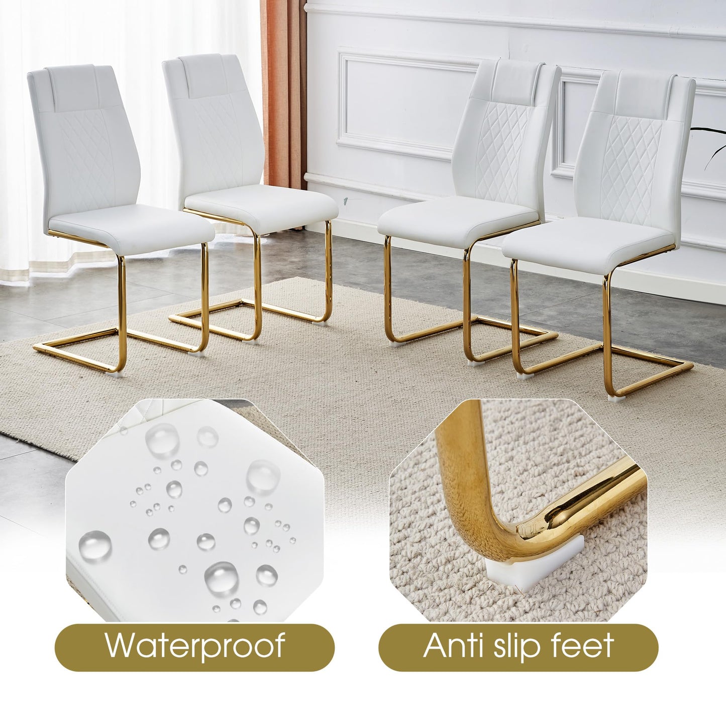 AZmac Modern Dining Table Set for 8 with Gold Metal Frame, 9-Piece Glass Dining Table with PU High Back Chairs for Kitchen Dining Room, Glass Table and 8 White Chairs