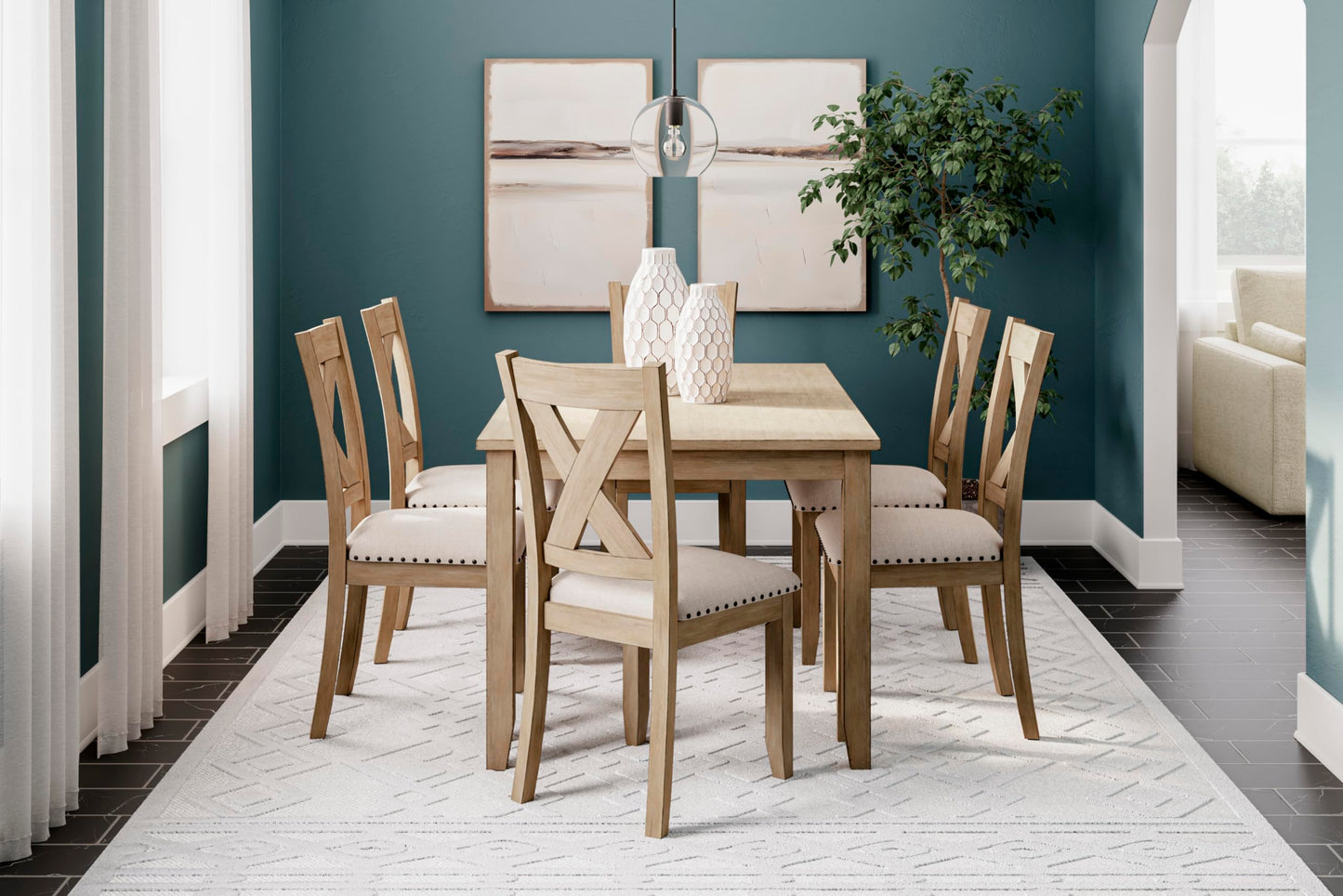 Signature Design by Ashley Skempton Cottage Dining Room Table Set with 6 Upholstered Chairs, Whitewash