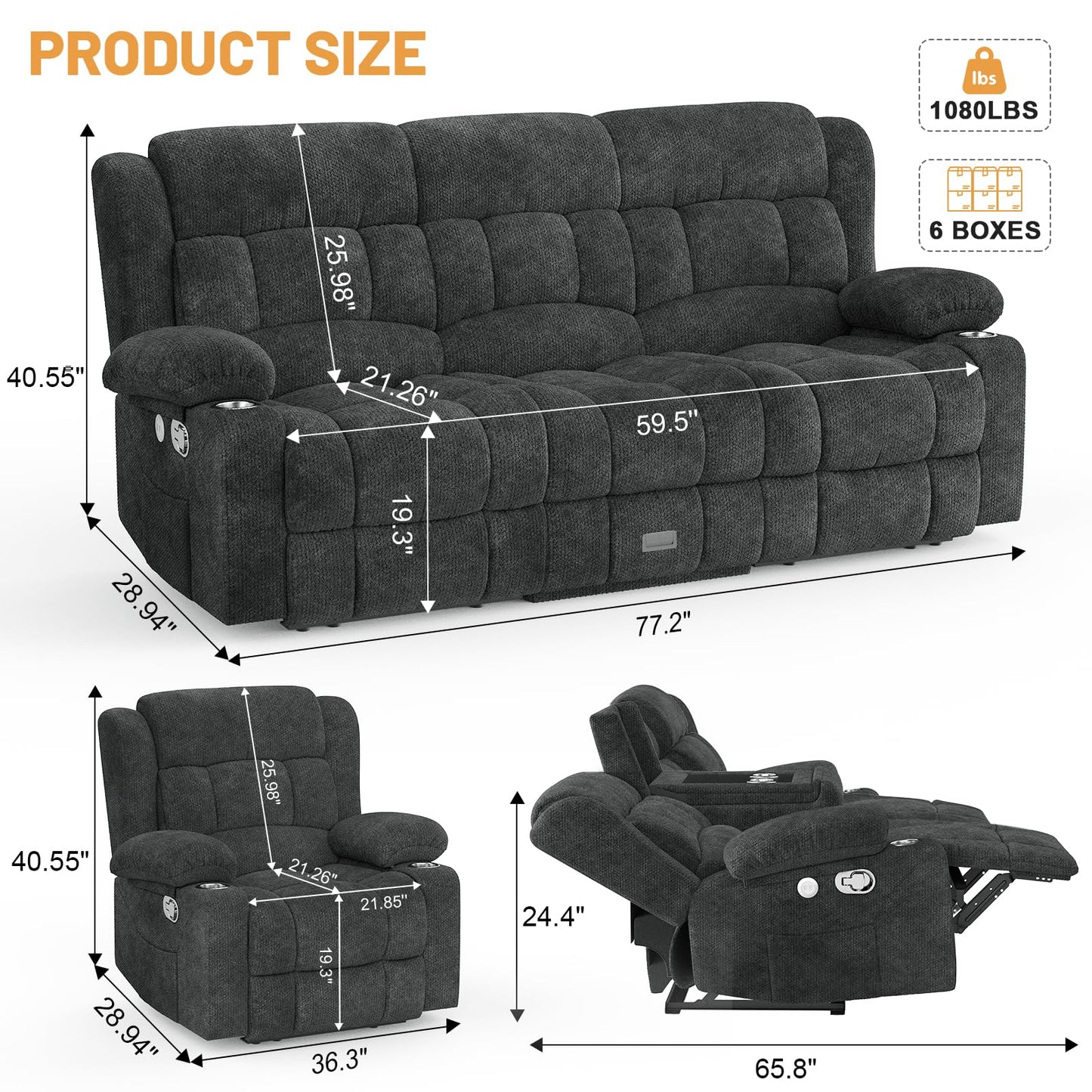 Loveseat Recliner Sofa, Flip Middle Backrest Design 3 Seat Reclining Sofa with Storage Drawer, USB Ports & Cup Holders, Manual Couch for Living Room/RV (Gray)