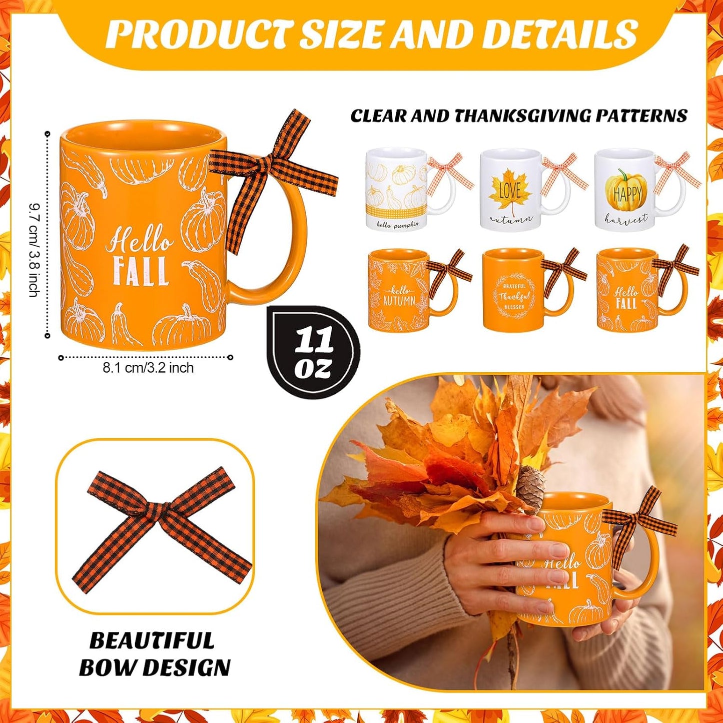 Lallisa 6 Pcs Fall Thanksgiving Ceramic Coffee Mugs Set 11 oz Cup Hello Pumpkin Harvest Maple Leaf Farmhouse Autumn Decorations for Home Kitchen Gift
