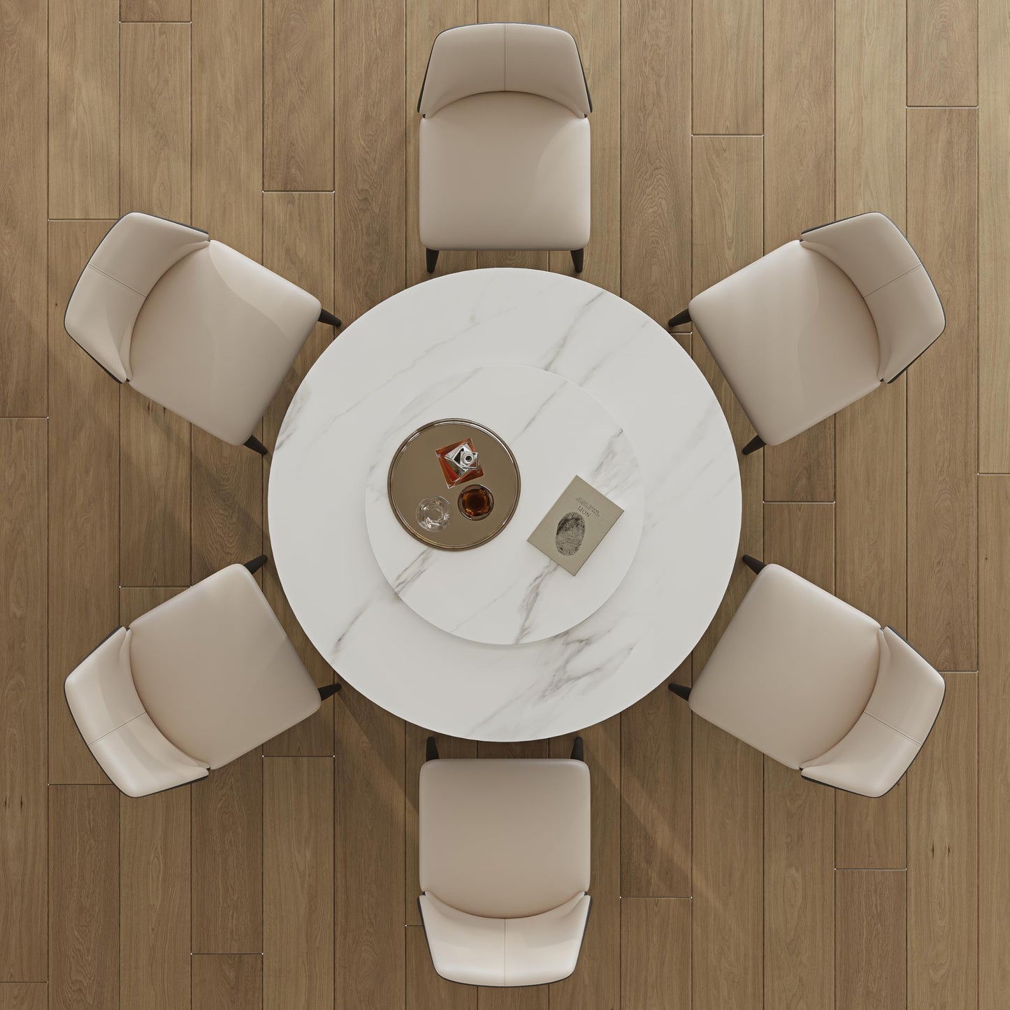 59" Round Dining Table Set for 8 with Lazy Susan Modern Sintered Stone 9 Pieces Dining Room Table Set with 8 Chairs and 31.5" Round Turntable