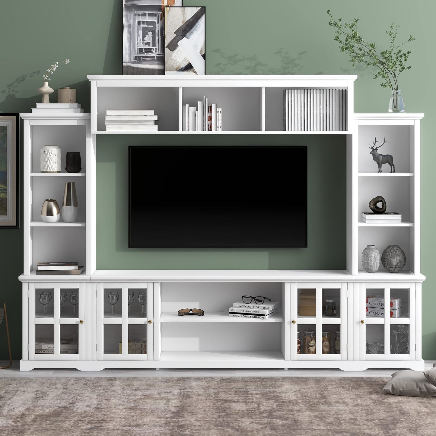103" Minimalist Entertainment Center Wall Unit Set with Bridge for TVs Up to 75'',Ample Storage Space TV Stand W/Adjustable Shelves,Modernist Large Media Console for Living Room,White