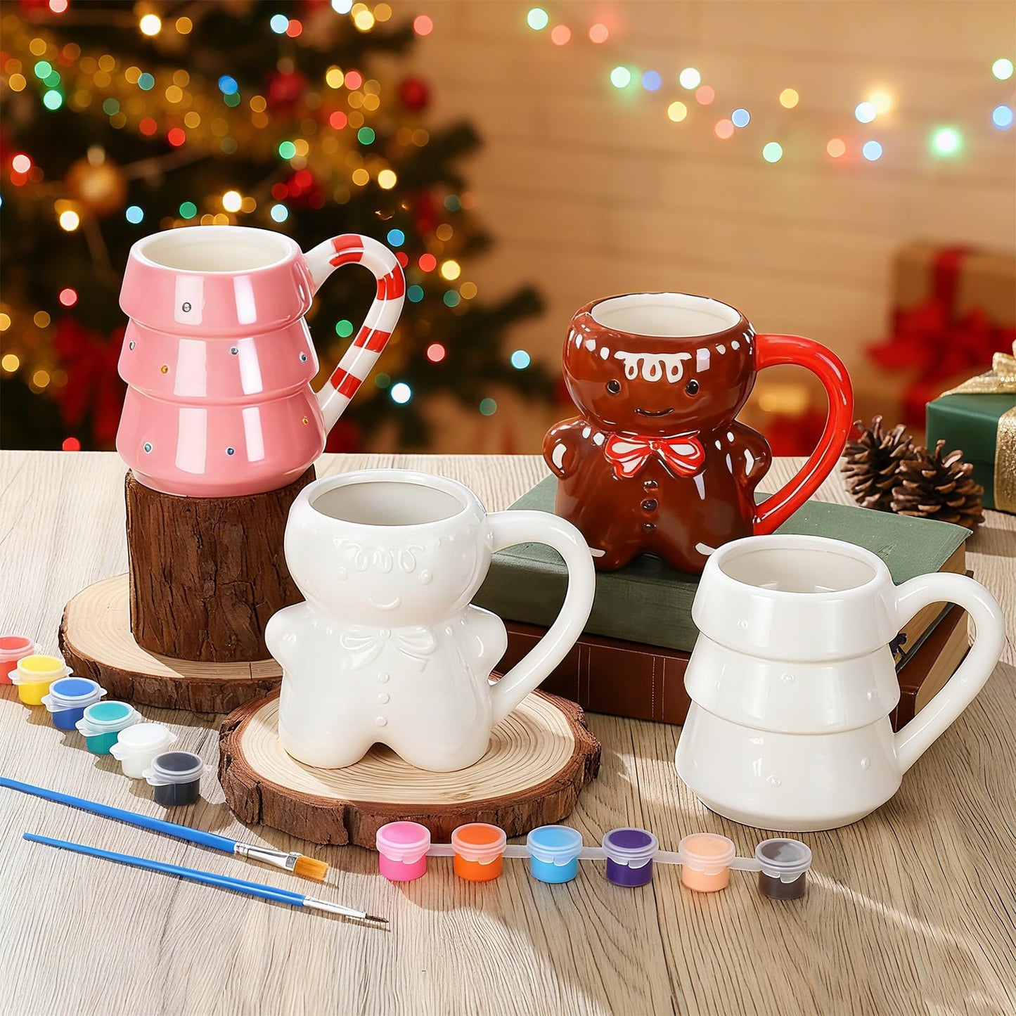Vesici 4 Sets Paint Your Own Christmas Mugs Kits with 12 Color Paints Brush Instruction Manual Ceramic Gingerbread Man Christmas Tree Mugs Xmas DIY Painted Cup Winter Holiday Gift Art Favor