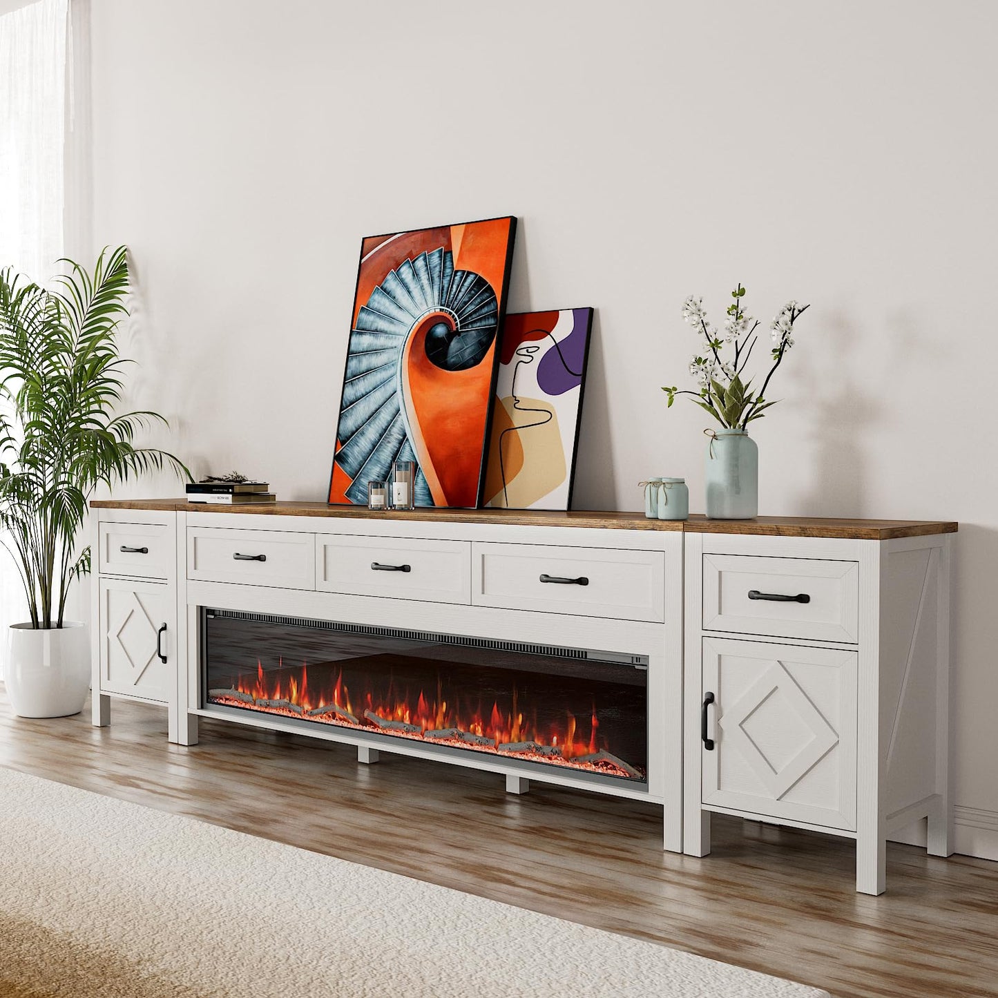 Farmhouse TV Stand with Fireplace for TVs Up to 95 Inch,Entertainment Center with 50" Electric Fireplace,88" TV Console with Storage Cabinet Drawers for Living Room(Off White)