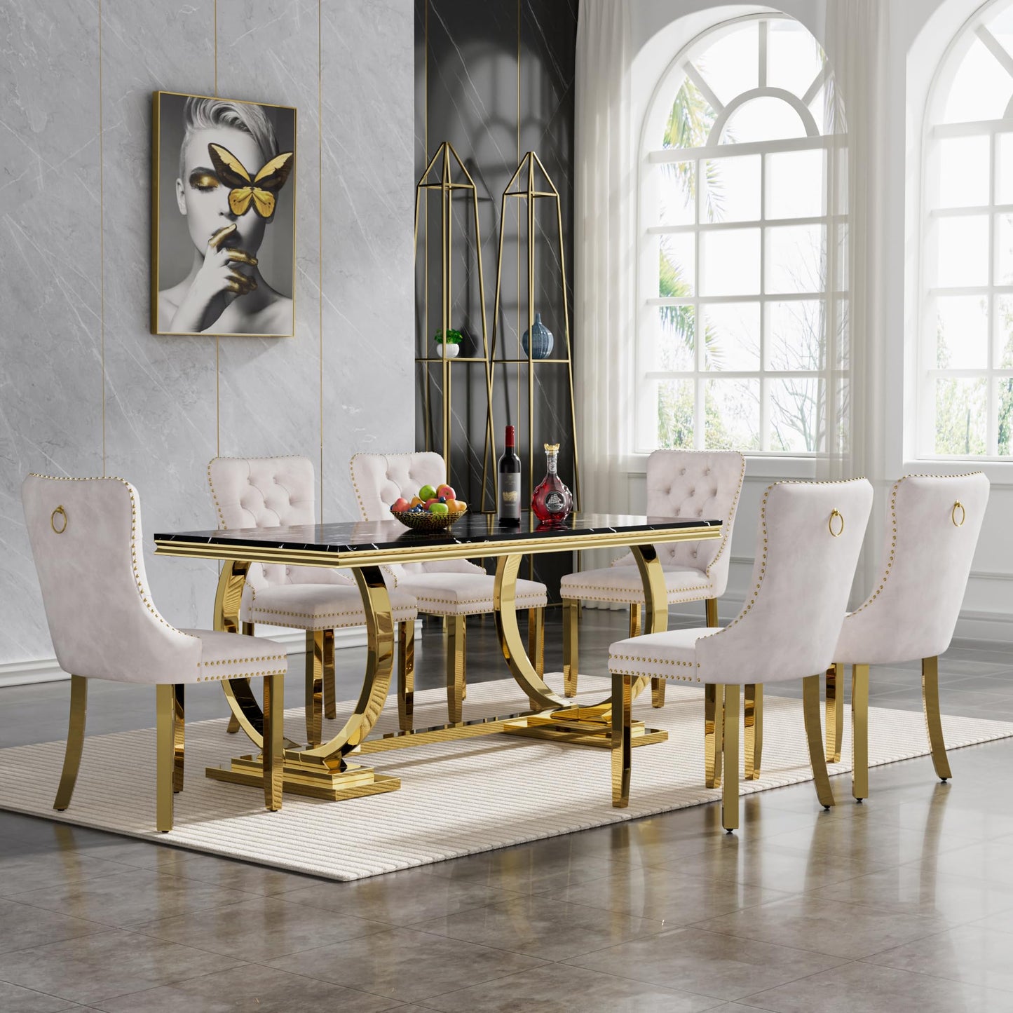 HomVent 70" Faux Marble Dining Table Set for 6, Rectangular Marble Top Kitchen Table Set, Kitchen & Dining Room Sets, Dining Table and Dining Chair