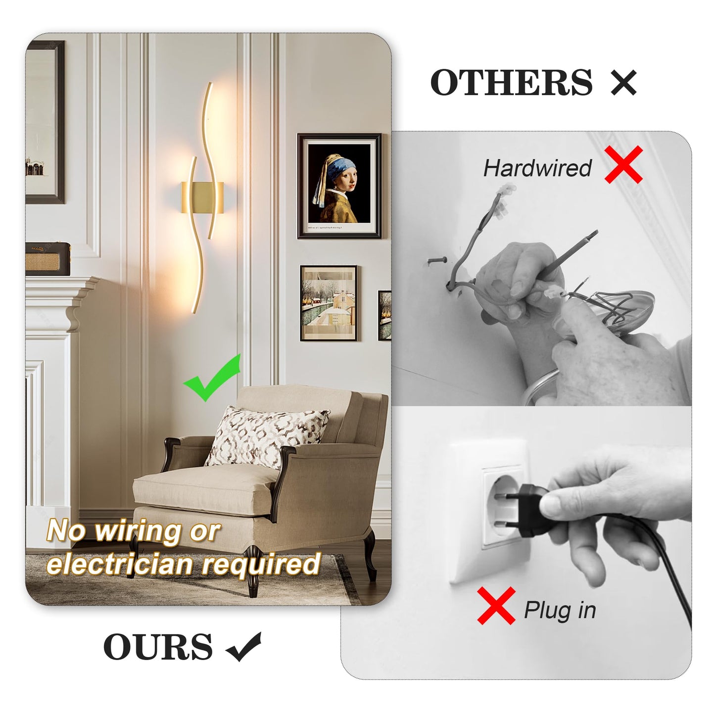 Battery Operated Wall Sconces Set of Two with Remote Control, Dimmable/3 Color/Night-Light/Timer/Memory, Black Modern Wireless LED Sconce for Living Room, Hallway, Bedroom, 39.3 Inch (2 Pack)