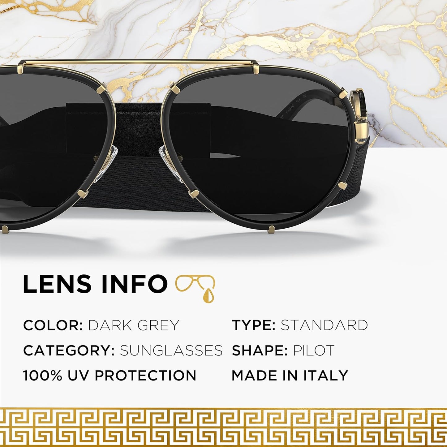 Versace VE2232 61mm Non-Polarized Aviator Sunglasses for Women – Black Metal Frame with Gold Temples, 100% UV Protection, Lightweight & Comfortable Sunglasses, eShades Eyewear Kit Included