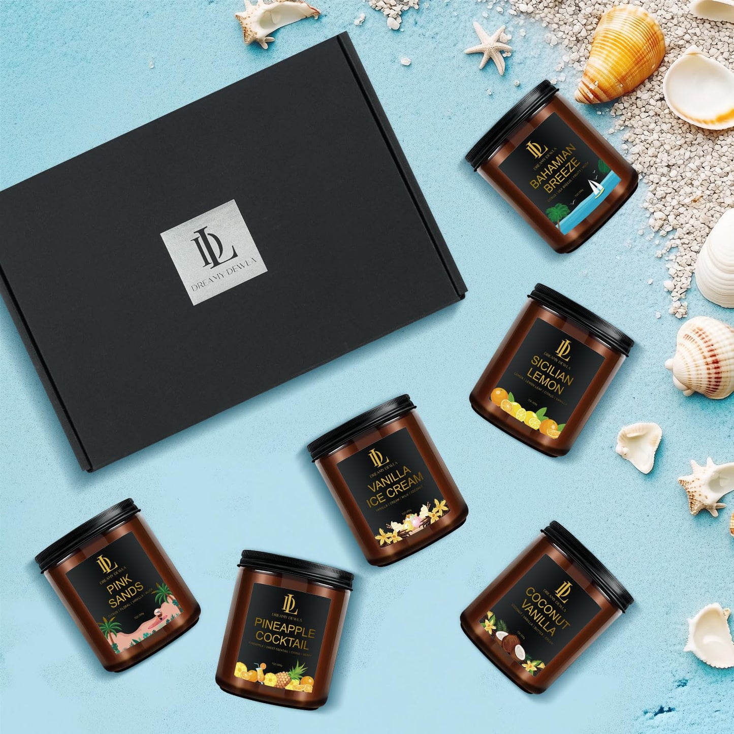 6 Pack Scented Candles Set, 42oz 300 Hour Long Lasting Candle, Soy Candles for Home Scented, Scents of Pink Sands/Coconut Vanilla/Bahama Breeze/Pineapple Cocktail/Sicilian Lemon/Vanilla Ice Cream