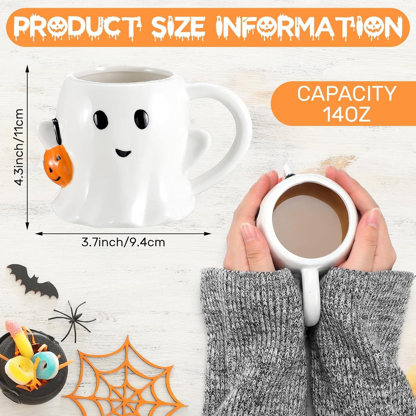 2 Pcs 12 oz Halloween Ghost Mug Coffee Ceramic Boo Mug with Pumpkin Cute Ghost Face Cup with Handle for Halloween Party Decoration