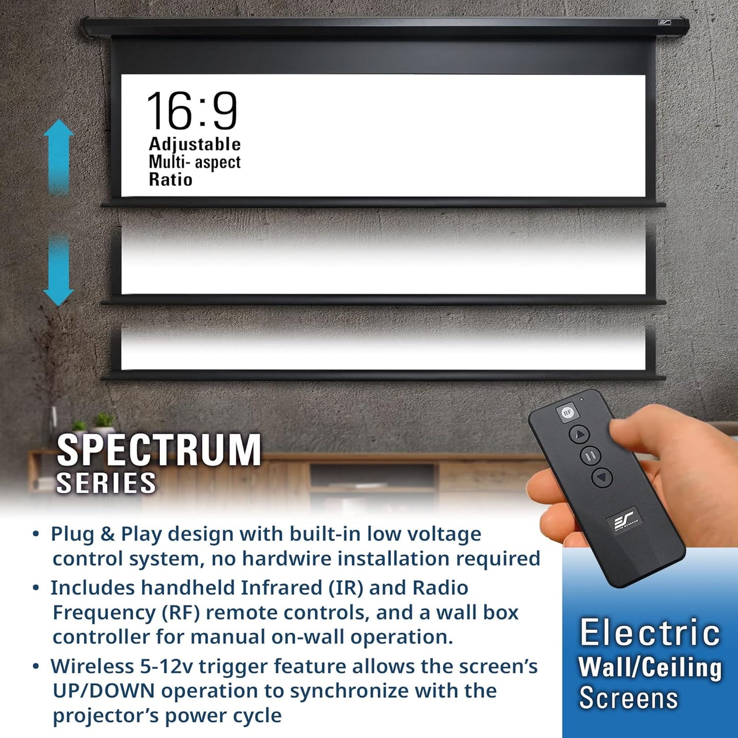 Projector Screen Elite Screens Spectrum RC1 Remote, 180-INCH Diag 16:9, Motorized Projection Screen Movie Home Theater 4K/8K Ultra HD Ready, ELECTRIC180H2