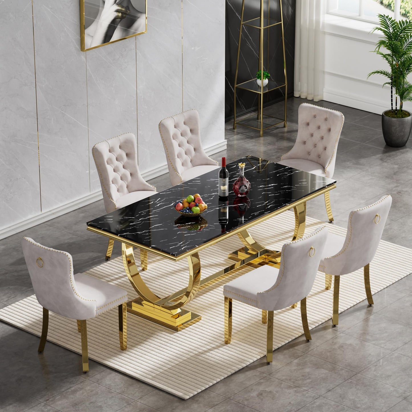 HomVent 70" Faux Marble Dining Table Set for 6, Rectangular Marble Top Kitchen Table Set, Kitchen & Dining Room Sets, Dining Table and Dining Chair