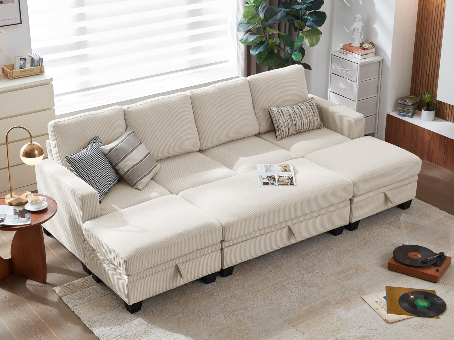 CHIC HOUSE Corduroy Modular Sectional Couch with Ottoman Chaise, L Shaped 4-seat Sofa for Living Room, Apartment, Lounge, Modern Armrest Neck Support Furniture