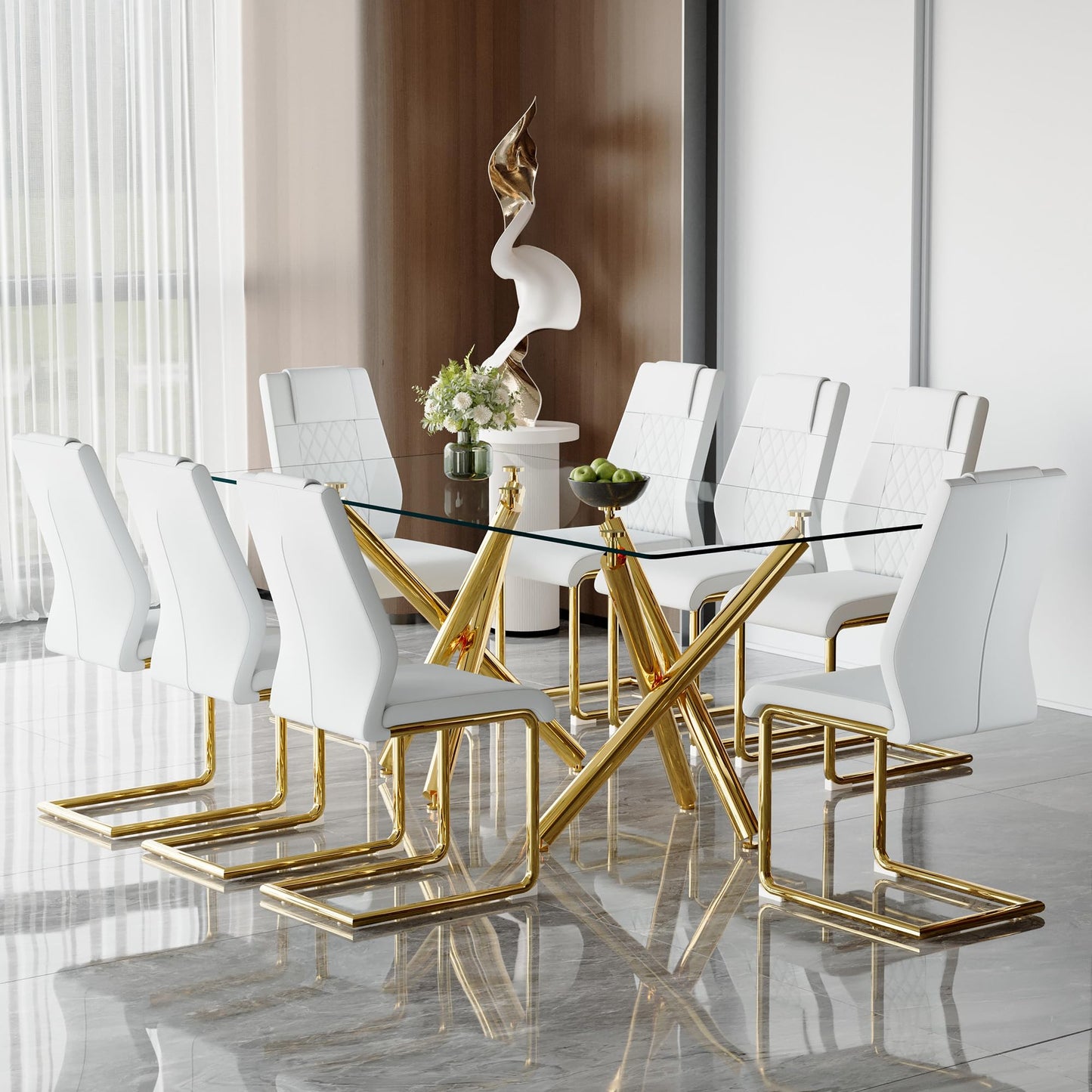 AZmac Modern Dining Table Set for 8 with Gold Metal Frame, 9-Piece Glass Dining Table with PU High Back Chairs for Kitchen Dining Room, Glass Table and 8 White Chairs
