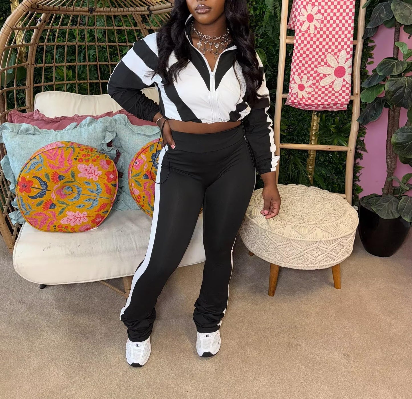 Remelon Womens 2 Piece Sweatsuits Color Block Long Sleeve Zipper Cropped Jacket Legging Pants Set Tracksuit Jogger Outfits