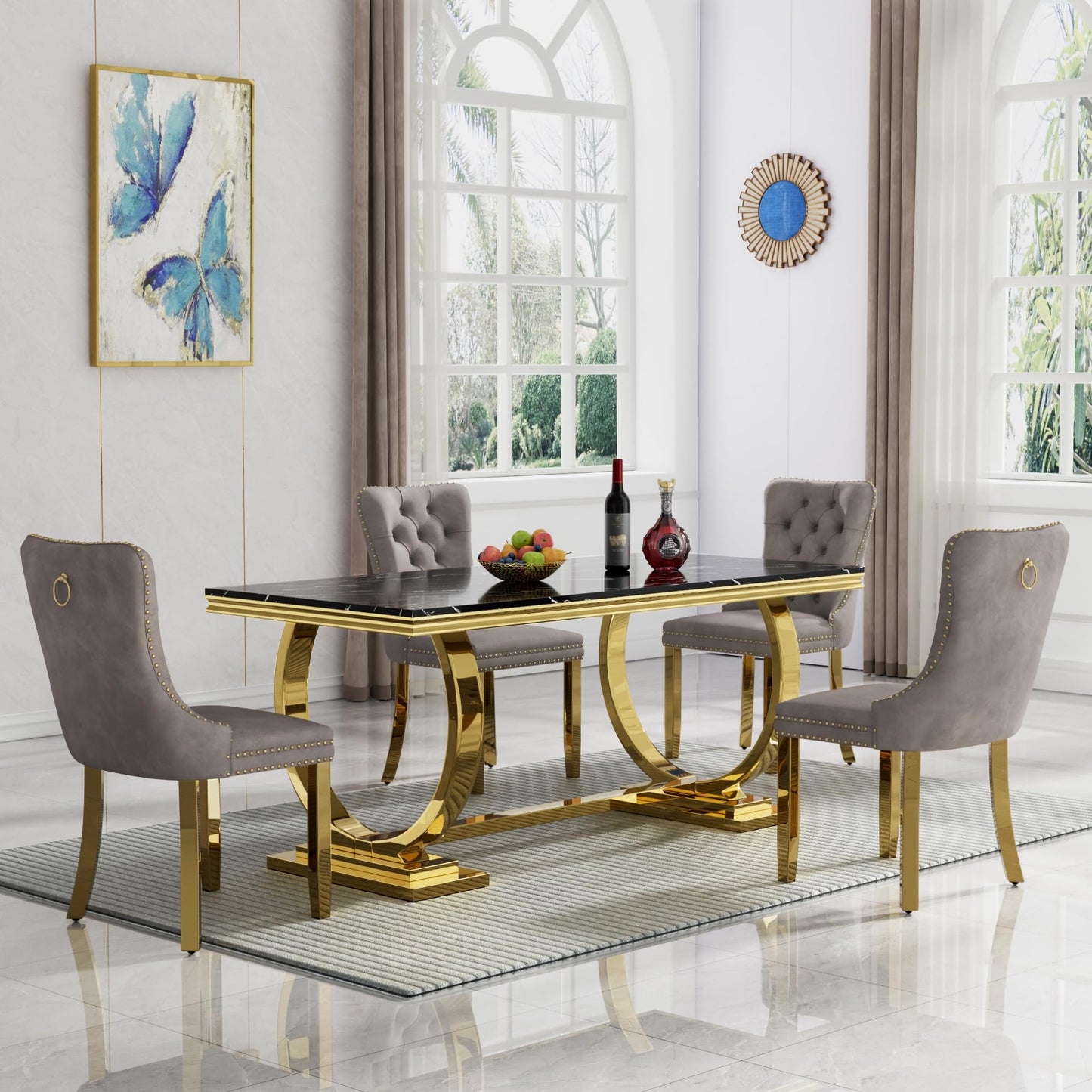 HomVent 70" Faux Marble Dining Table Set for 6, Rectangular Marble Top Kitchen Table Set, Kitchen & Dining Room Sets, Dining Table and Dining Chair