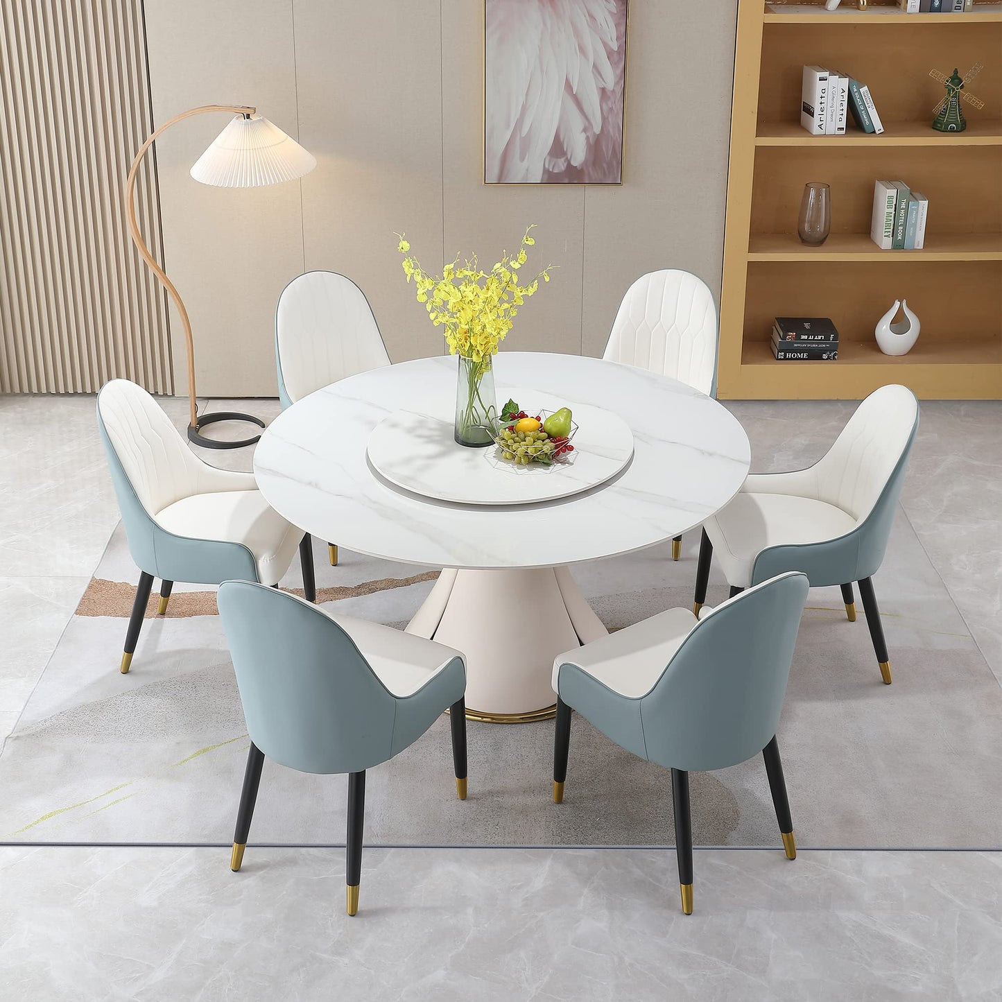 59" Round Dining Table Set for 8 with Lazy Susan Modern Sintered Stone 9 Pieces Dining Room Table Set with 8 Chairs and 31.5" Round Turntable
