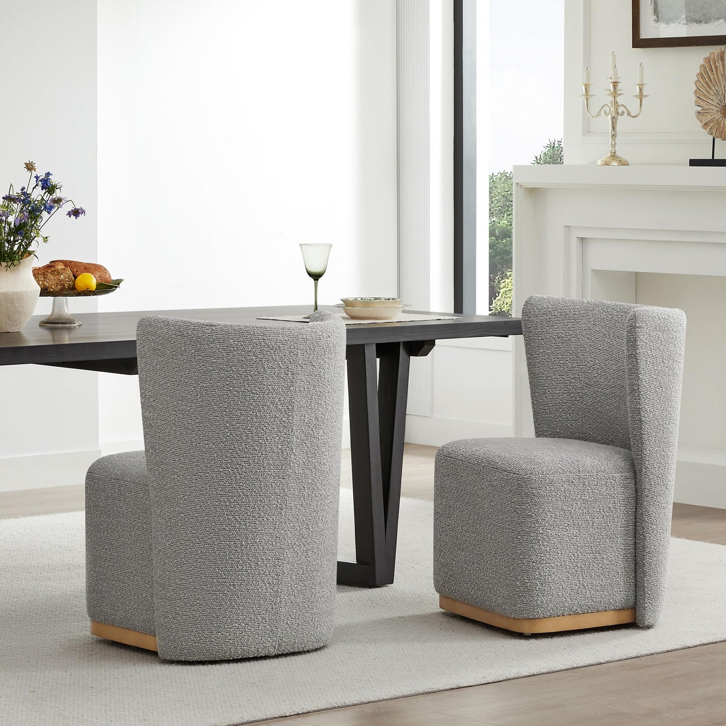 CHITA Upholstered Rolling Dining Chair on Casters Set of 4, FSC Certified Modern Fabric Dining Chair with Casters, Boucle Dining Chairs for Reading Room Waiting Room Kitchen Dining Room, Oatmeal