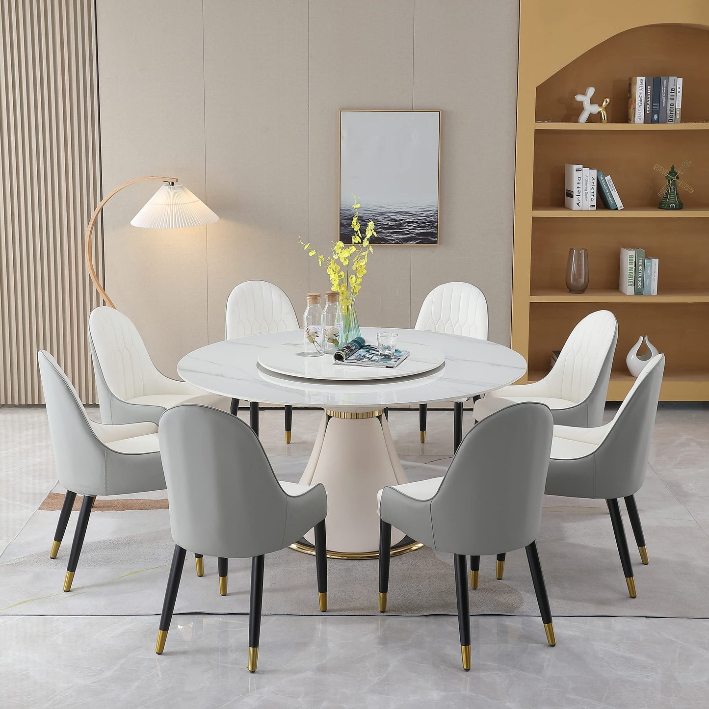 59" Round Dining Table Set for 8 with Lazy Susan Modern Sintered Stone 9 Pieces Dining Room Table Set with 8 Chairs and 31.5" Round Turntable