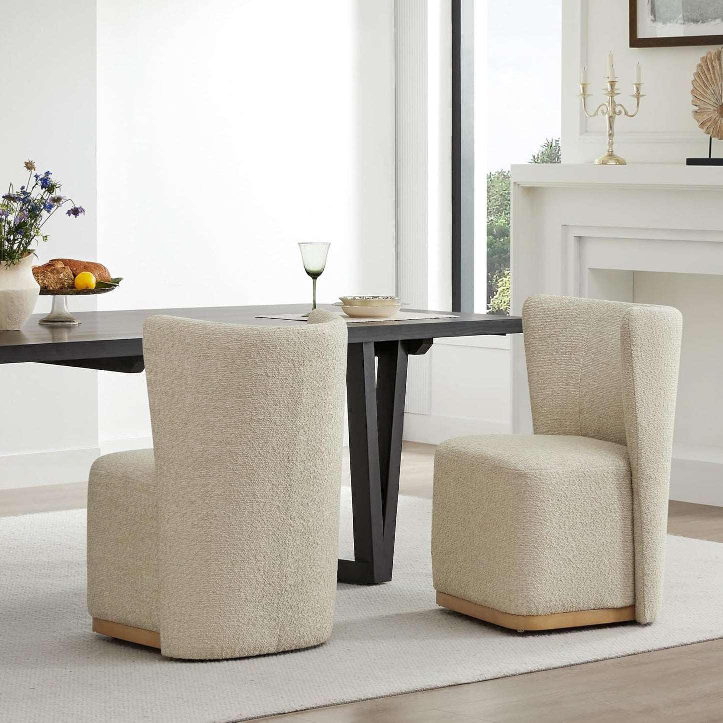 CHITA Upholstered Rolling Dining Chair with Casters Set of 2, Oatmeal | FSC Certified Modern Fabric Dining Chair with Casters, Boucle Dining Chairs for Reading Room Kitchen Dining Room