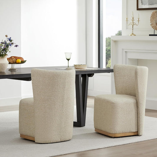 CHITA Upholstered Rolling Dining Chair with Casters Set of 2, Oatmeal | FSC Certified Modern Fabric Dining Chair with Casters, Boucle Dining Chairs for Reading Room Kitchen Dining Room