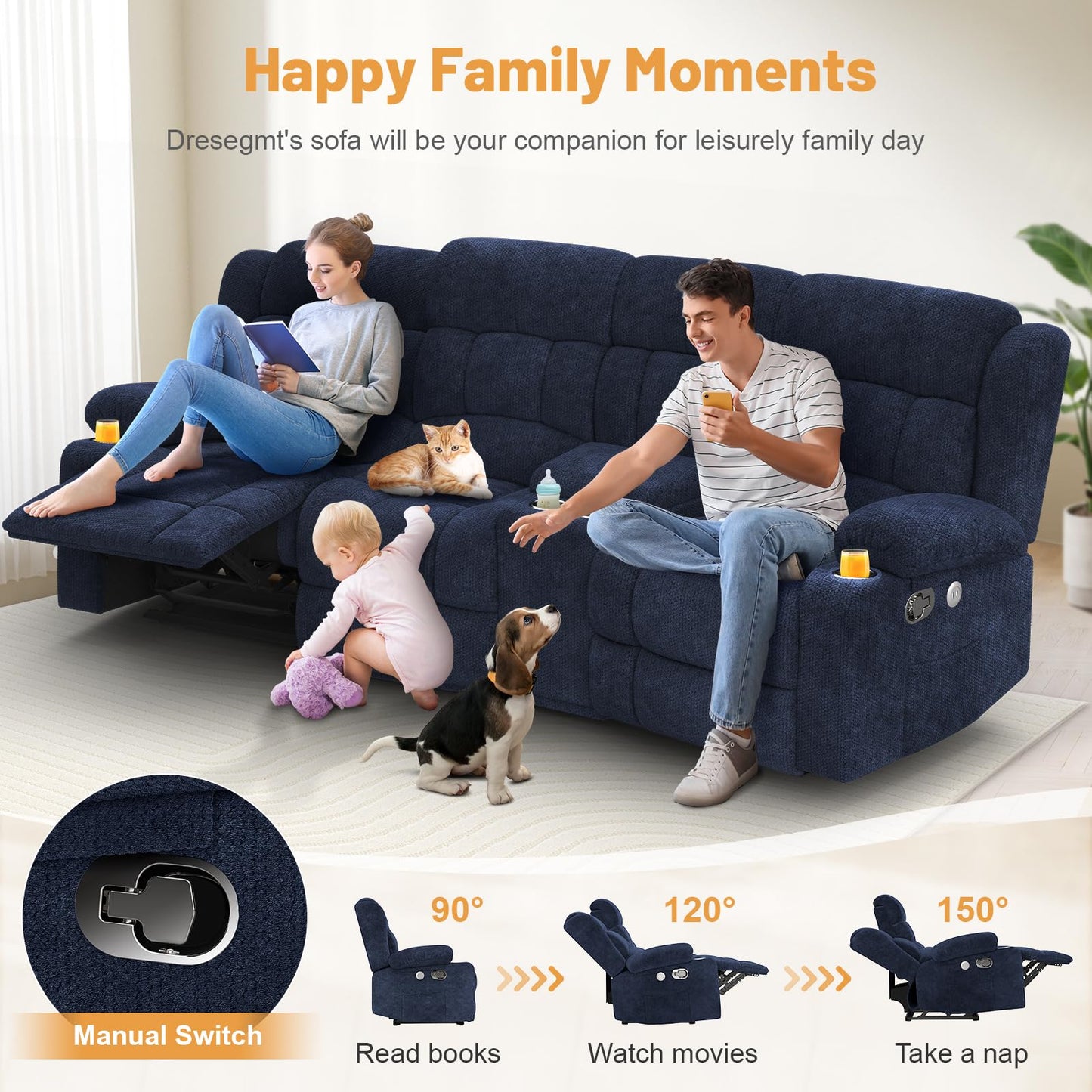 Loveseat Recliner Sofa, Flip Middle Backrest Design 3 Seat Reclining Sofa with Storage Drawer, USB Ports & Cup Holders, Manual Couch for Living Room/RV (Gray)