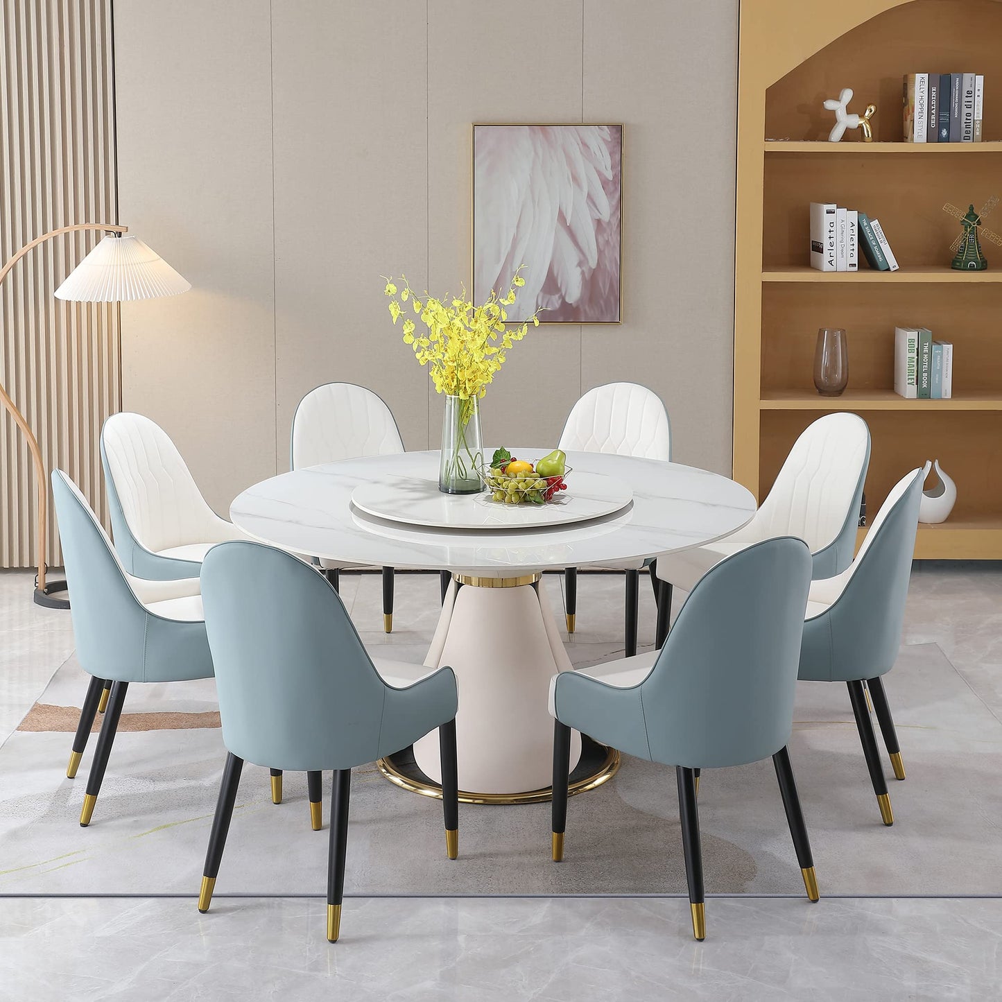59" Round Dining Table Set for 8 with Lazy Susan Modern Sintered Stone 9 Pieces Dining Room Table Set with 8 Chairs and 31.5" Round Turntable