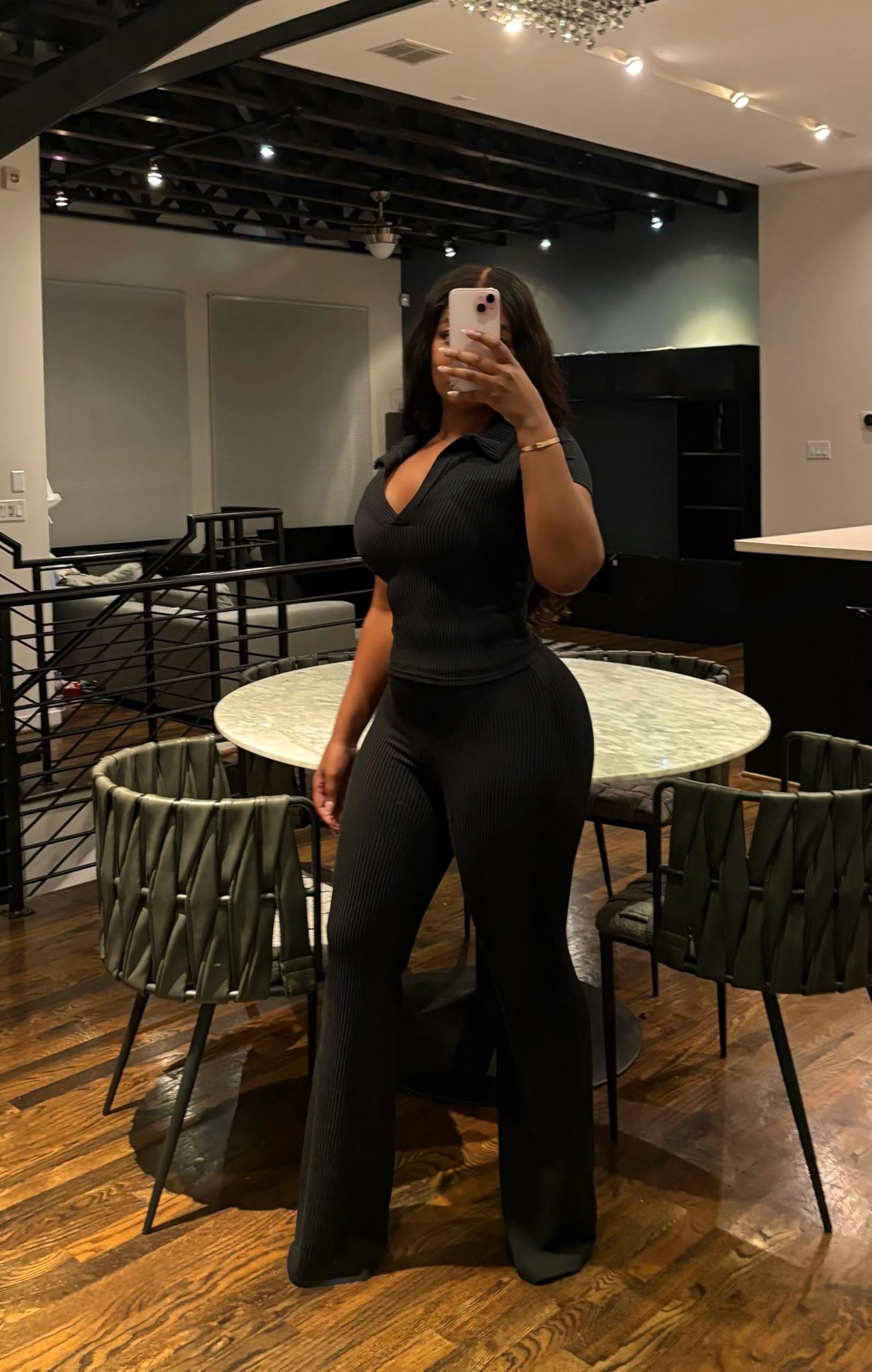 HBQ Women Two Piece Outfit Ribbed Short Sleeve V Neck Polo Top and Flare Pants Casual Lounge Sets Tracksuit