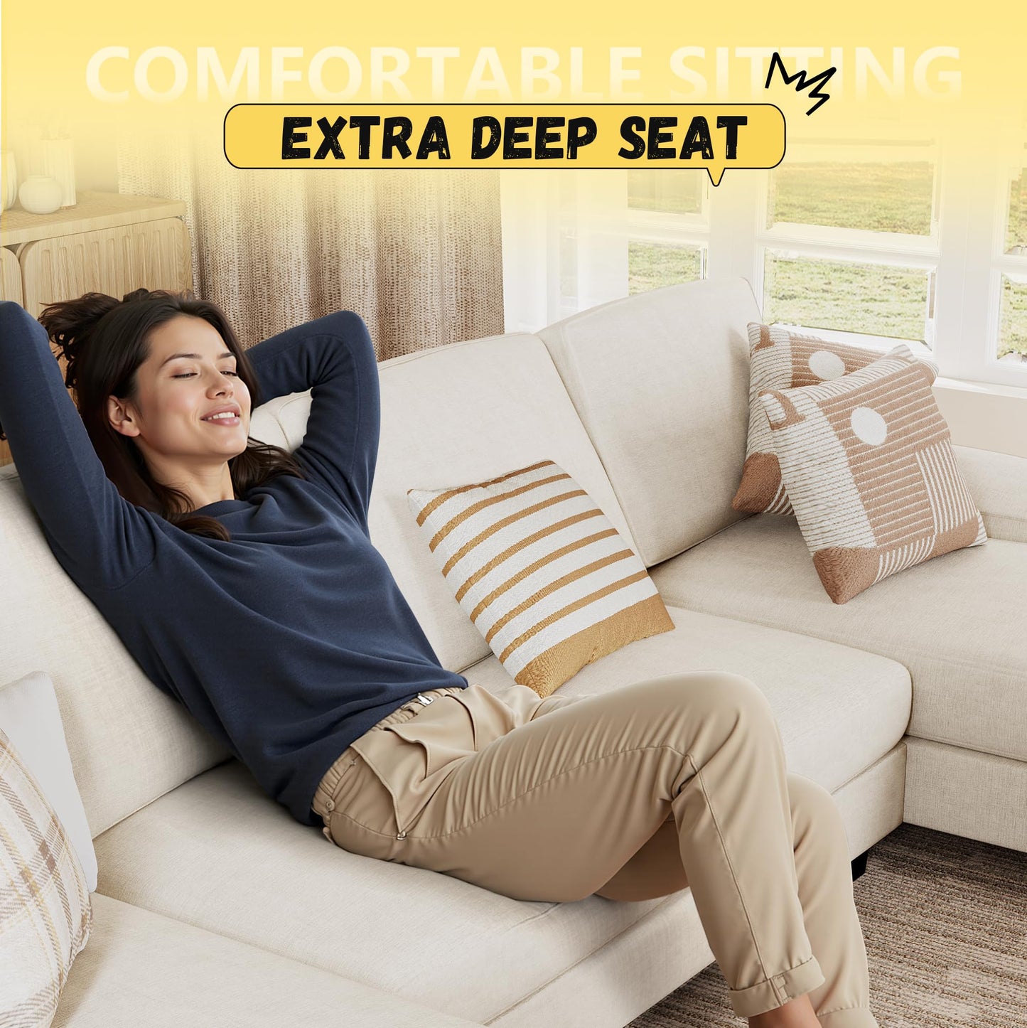 JUMMICO Sectional Couches for Living Room, U Shaped Couch with Chenille Fabric, 4 Seat Modern Sofa with Removable Pillows for Apartment and Small Space (Corduroy, Beige)