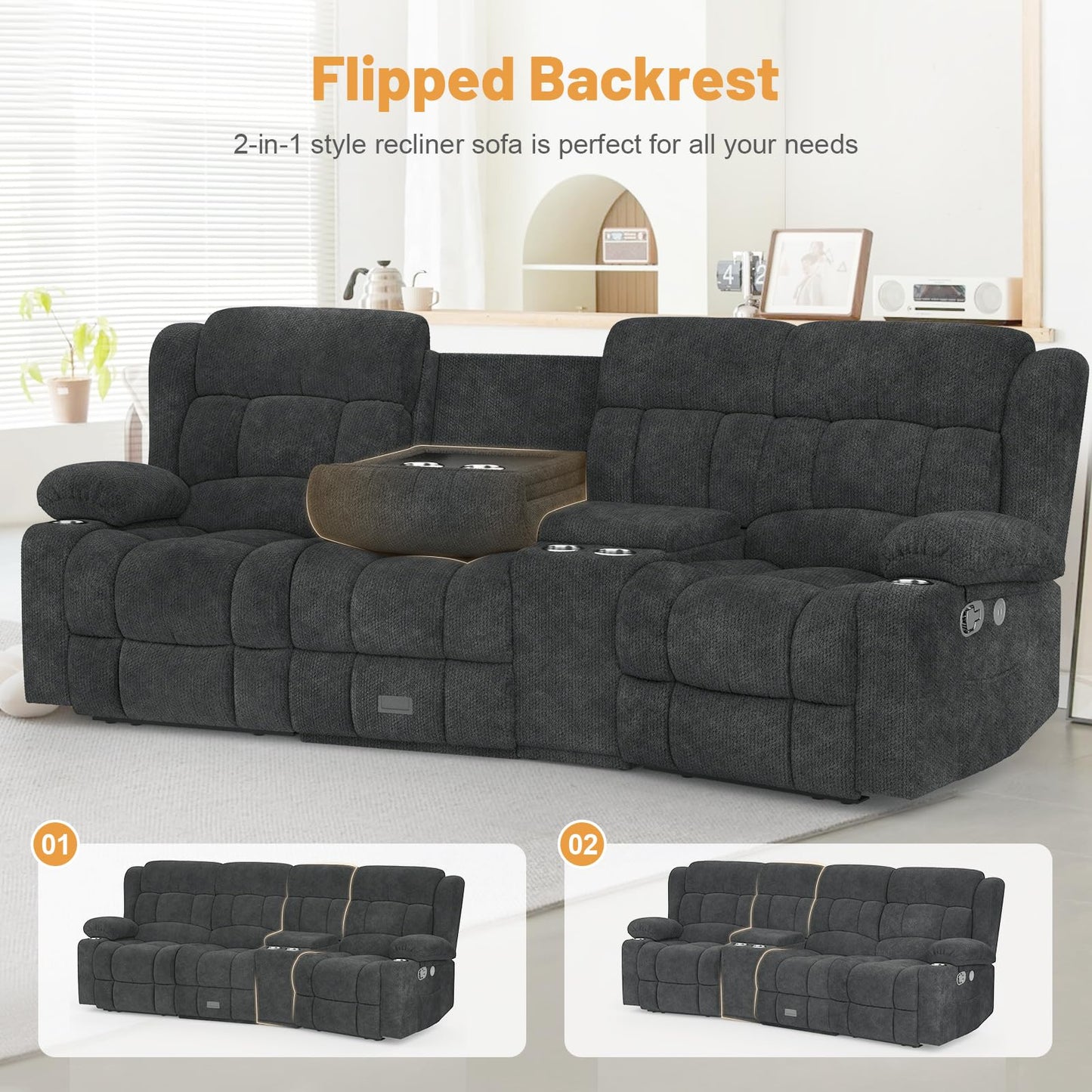 Loveseat Recliner Sofa, Flip Middle Backrest Design 3 Seat Reclining Sofa with Storage Drawer, USB Ports & Cup Holders, Manual Couch for Living Room/RV (Gray)