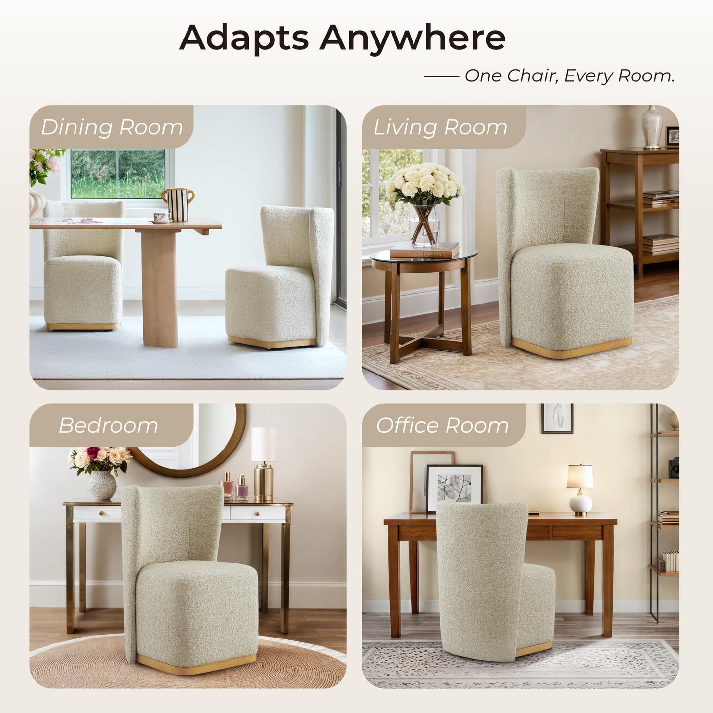 CHITA Upholstered Rolling Dining Chair on Casters Set of 4, FSC Certified Modern Fabric Dining Chair with Casters, Boucle Dining Chairs for Reading Room Waiting Room Kitchen Dining Room, Oatmeal