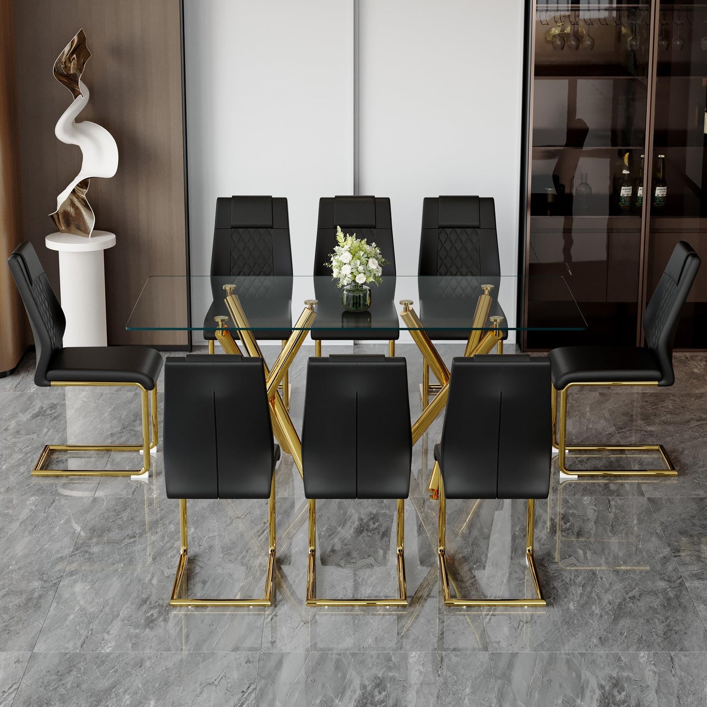 AZmac Modern Dining Table Set for 8 with Gold Metal Frame, 9-Piece Glass Dining Table with PU High Back Chairs for Kitchen Dining Room, Glass Table and 8 White Chairs