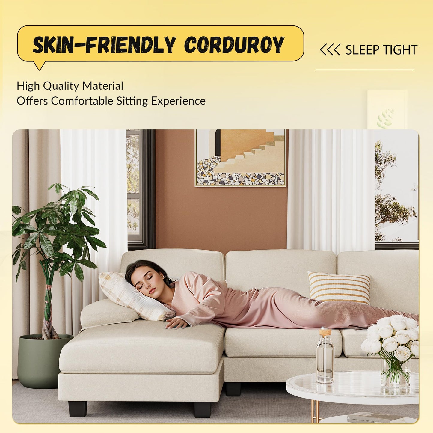 JUMMICO Sectional Couches for Living Room, U Shaped Couch with Chenille Fabric, 4 Seat Modern Sofa with Removable Pillows for Apartment and Small Space (Corduroy, Beige)