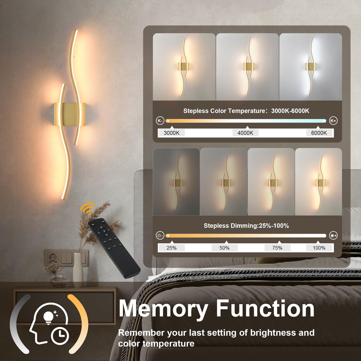 Battery Operated Wall Sconces Set of Two with Remote Control, Dimmable/3 Color/Night-Light/Timer/Memory, Black Modern Wireless LED Sconce for Living Room, Hallway, Bedroom, 39.3 Inch (2 Pack)