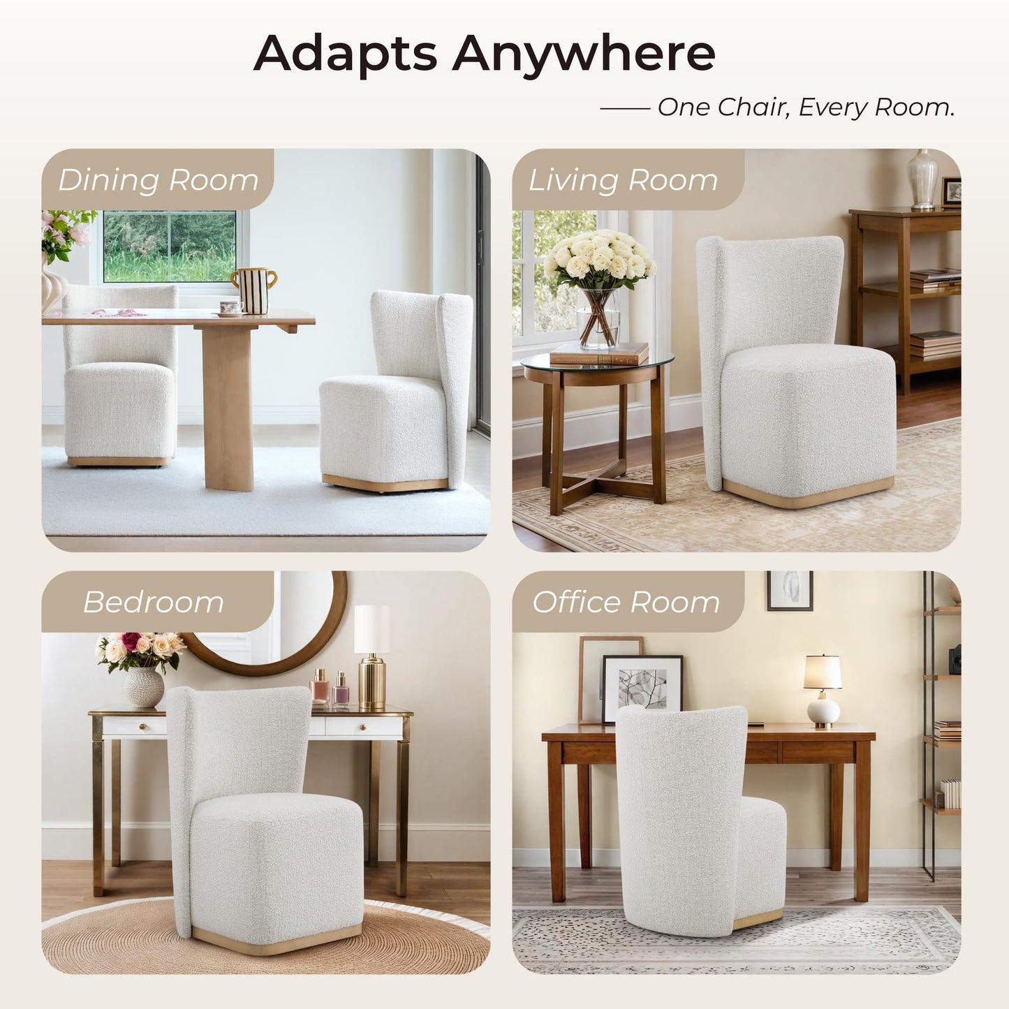 CHITA Upholstered Rolling Dining Chair on Casters Set of 4, FSC Certified Modern Fabric Dining Chair with Casters, Boucle Dining Chairs for Reading Room Waiting Room Kitchen Dining Room, Oatmeal